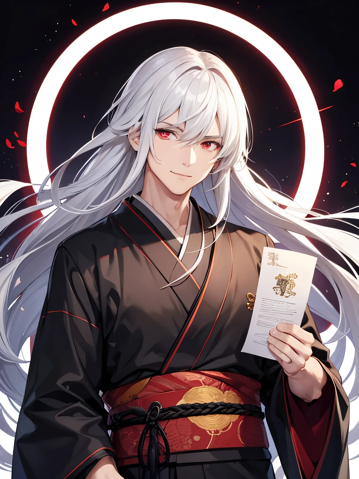 1 man,guy, Holding Seal paper,handsome,Standing,white hair, long hair, red eyes,black men's kimono,slight smile,at night,ultra detail, perfect face, clear face, HD face,Ultra detailed face,half body photo