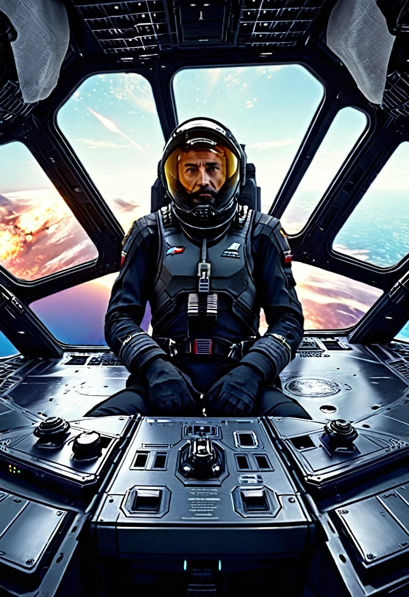 a space commander, sitting on commanding console, bottom_view, spaceship deck, commando deck, spaceship_war, stunning view, intergalactic_war, UHD, epic realism, ultra detailed