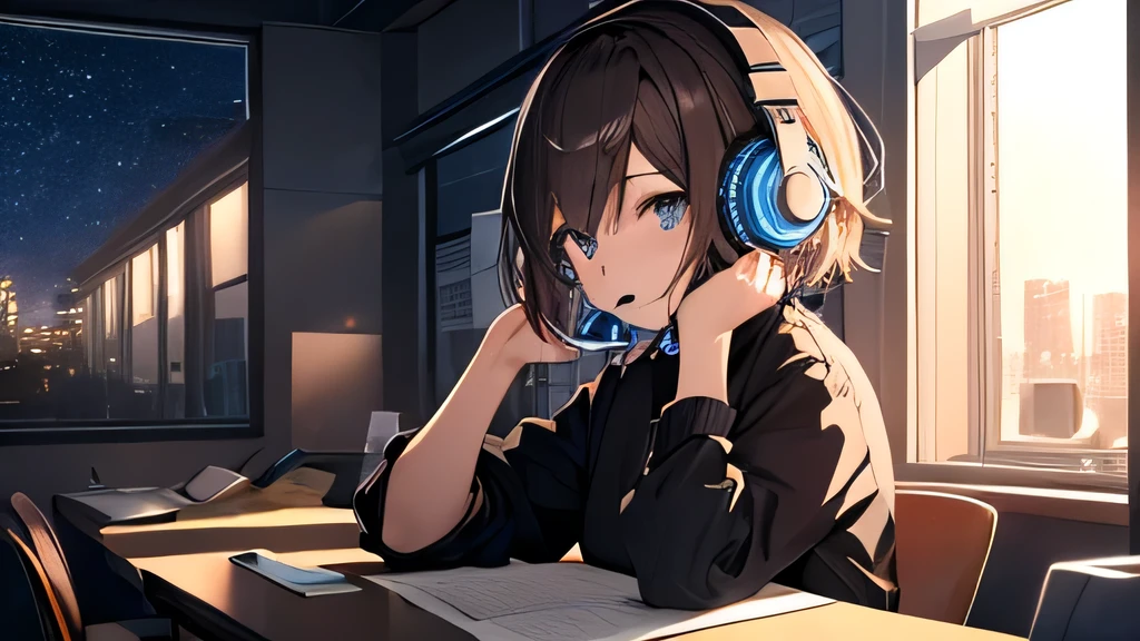 (Highly detailed CG Unity 8k wallpaper), The most beautiful works of art in the world, One girl, Upper Body,Midnight、A girl studying at a desk with a pencil，Hair color is dark brown，short hair,Over ear headphones，Starry sky in the window