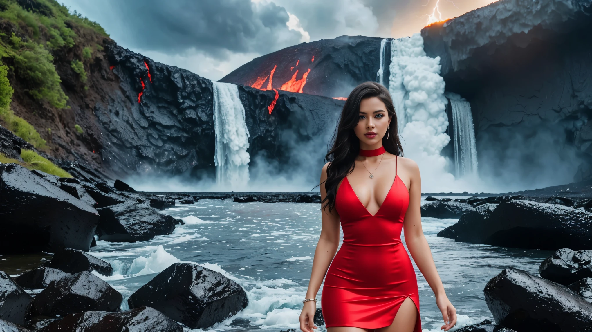 Ray tracing, 8k resolution, wallpaper, masterpiece, photo realistic, realism, forest, ICE, lava, volcano, beach, sunset, waves, lightning, thunderstorm, realistic lightning
Standing in the waterfalls 
(Portrait girl), 1 pretty European, black hair, looking at camera, big blue eyes, full lips, eyeliner wings, lip stick eyeshadow, ear ring hoops, choker, perfect skin, flat stomach, (red dress:1.3), (short dress, slit dress, tight dress:1.3), (deep neckline:1.3), no top, nude, loving embrace, passion, desire, looks at the camera