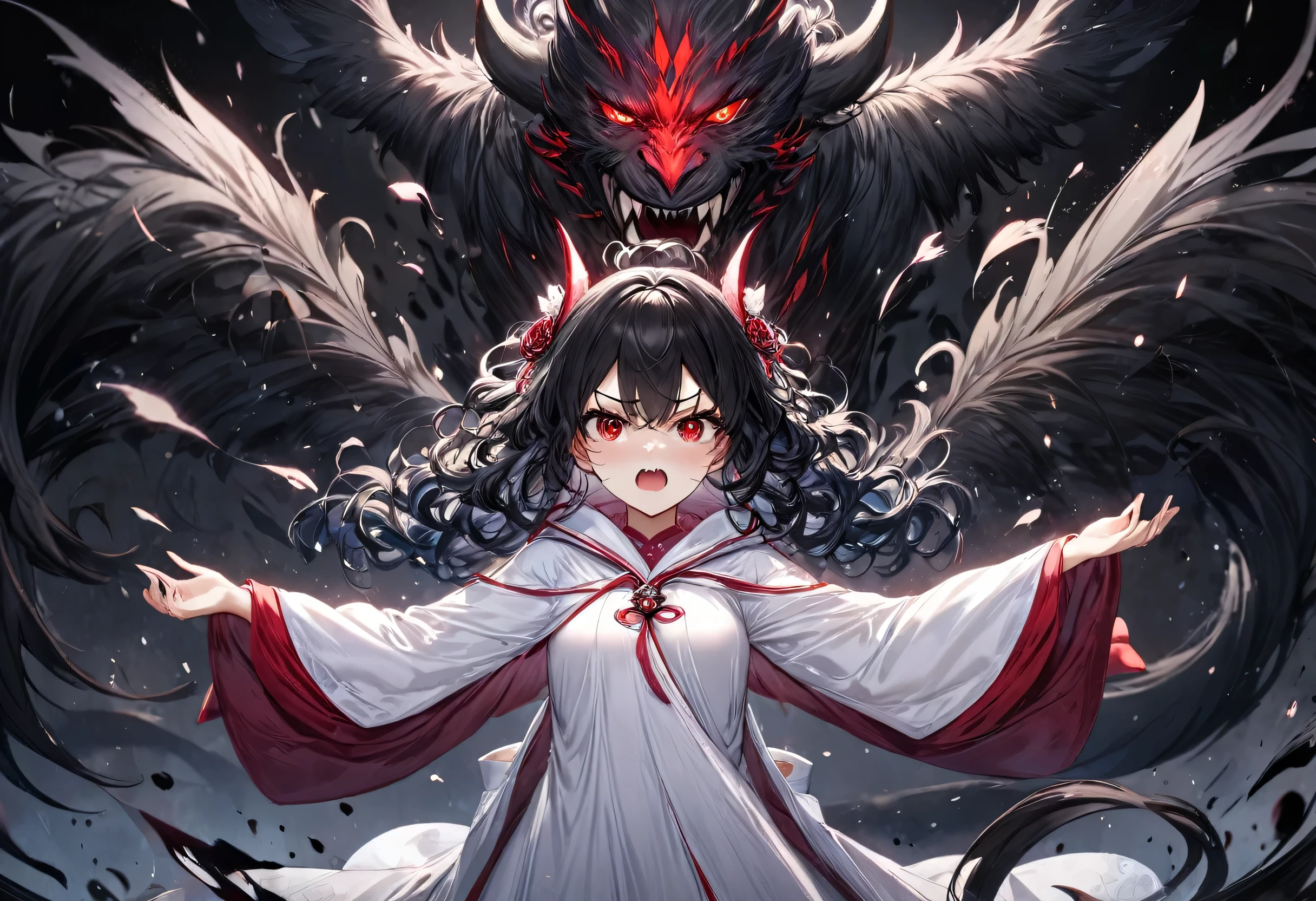 (solo curly:1.2 black hair long hair evil princess girl, angry:1.3 red eyes, angry face), (open arms, Summoned many Beast), (in a evil Goddess robe), BREAK, (float in the darkness), (master piece, best quality, 16k).
