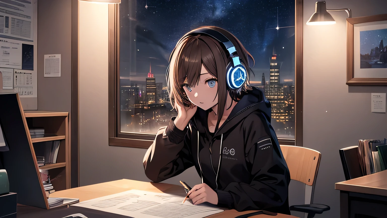(Highly detailed CG Unity 8k wallpaper), The most beautiful works of art in the world, One girl, Upper Body,Midnight、A girl studying at a desk with a pencil,Hair color is dark brown,short hair,Over ear headphones,Starry sky in the window
