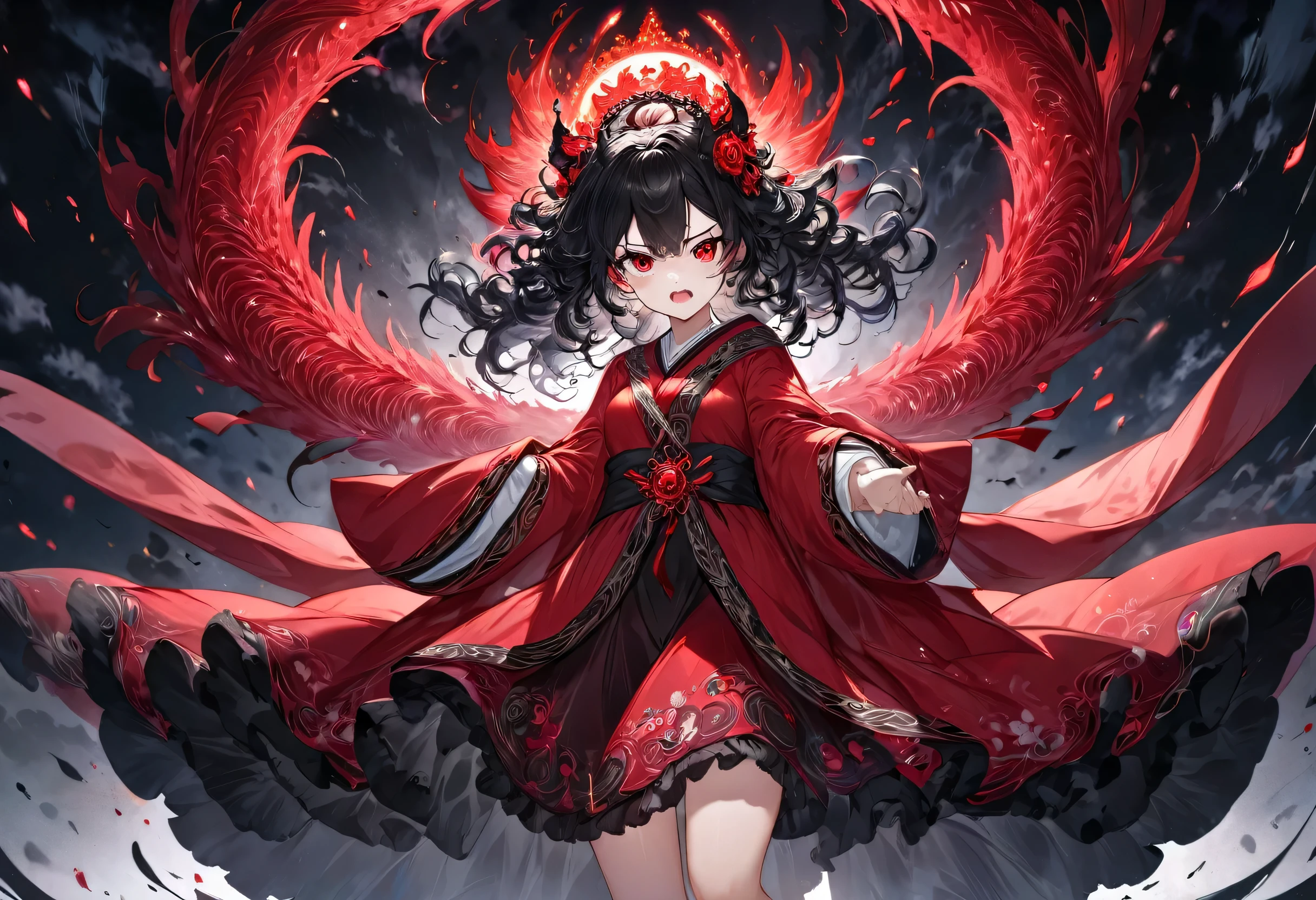 (solo curly:1.2 black hair long hair evil princess girl, angry:1.3 red eyes, angry face), (open arms, Summoned many Beast), (in a evil Goddess robe), BREAK, (float in the darkness), (master piece, best quality, 16k).