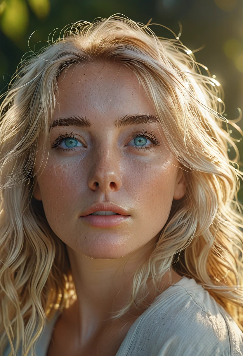 "Paparazzi shot of a stunning 25-year-old girl with intricate light blonde hair, pouting, and dripping with sweat under the sun. She leans back, sunlit, and soaking wet, captured in ultra high resolution, 8K. The image is a photorealistic masterpiece with authentic skin texture and film grain, showcasing her beautiful bright green and blue eyes in intricate detail. Bathed in pastel dreamy light, backlit by sunrays, fog, and morning haze during the golden hour, she looks at the camera with a cozy, countryside backdrop. The composition emphasizes shadows and cinematic lighting, using side lighting for depth and contrast. The scene features detailed face and eyes, professional color grading, and hyper-detailed elements. It's a full-body shot with an epic scene composition, captured in RAW and 4K for ultra-realistic style."
