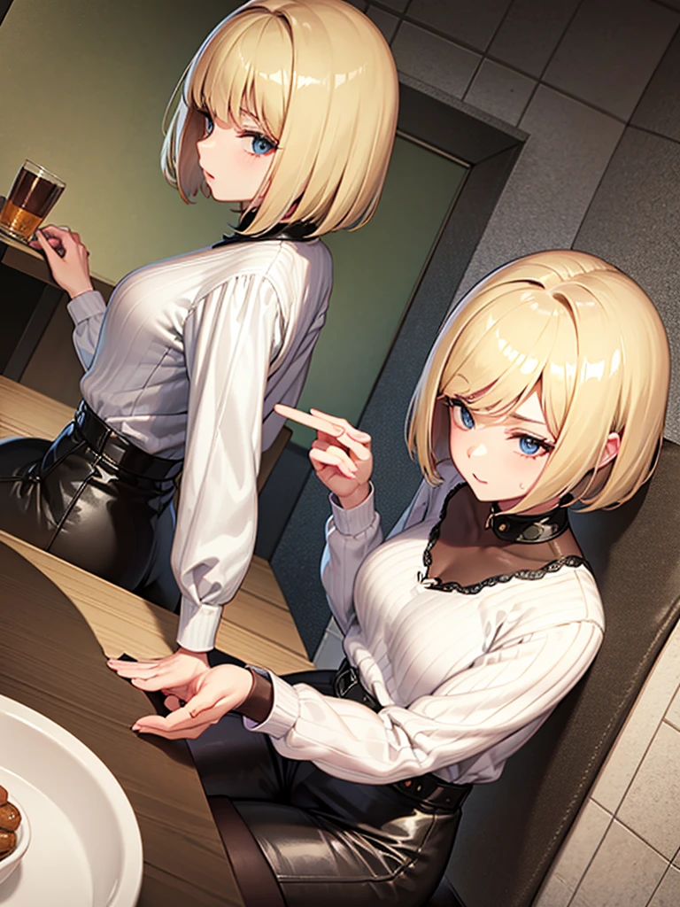 Karen, mature woman, blonde bob cut