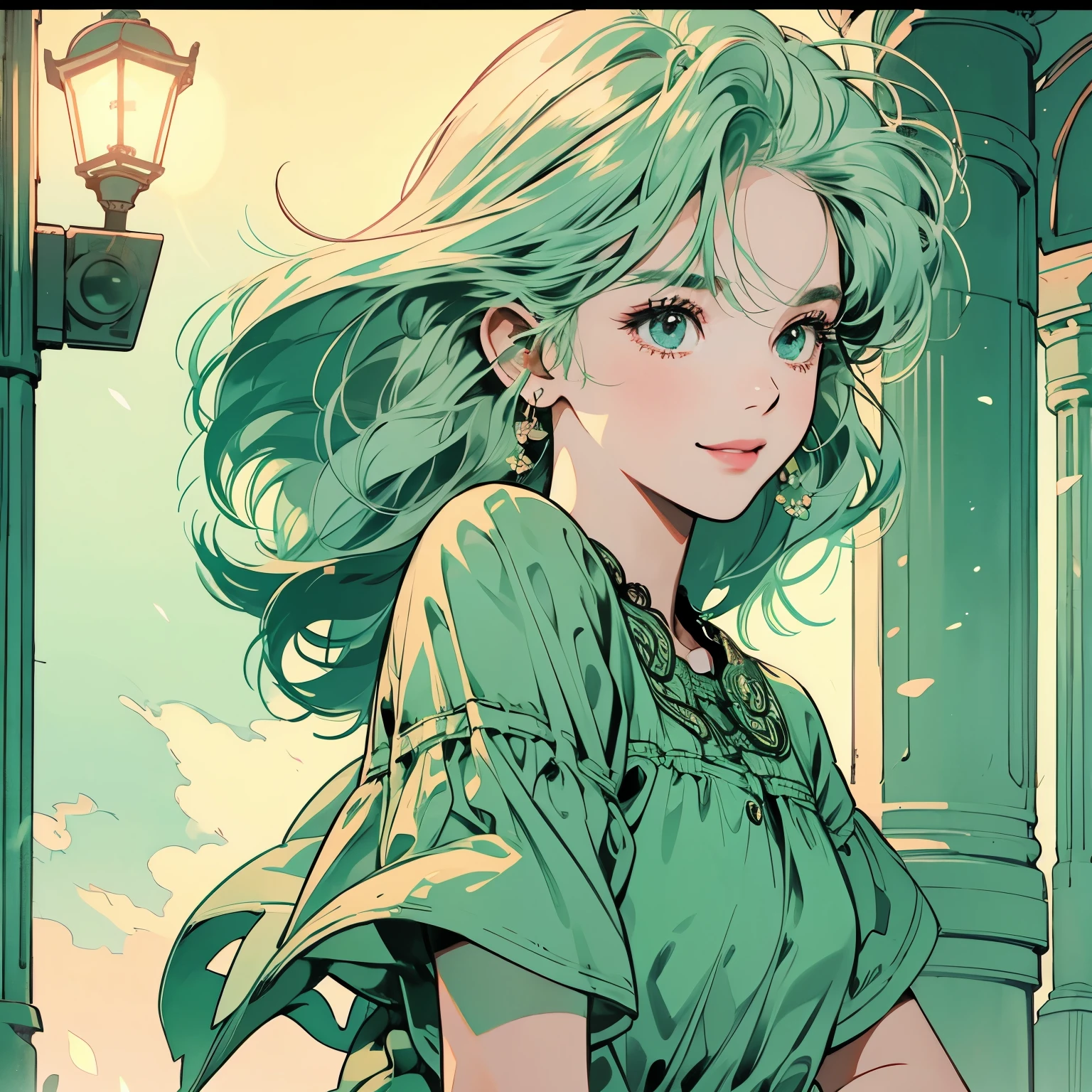 whole body、Kind Face、1 pretty woman、Short sleeve、Street lamp 、Complex background、Pale green hair、Faint lighting、There is movement、smile