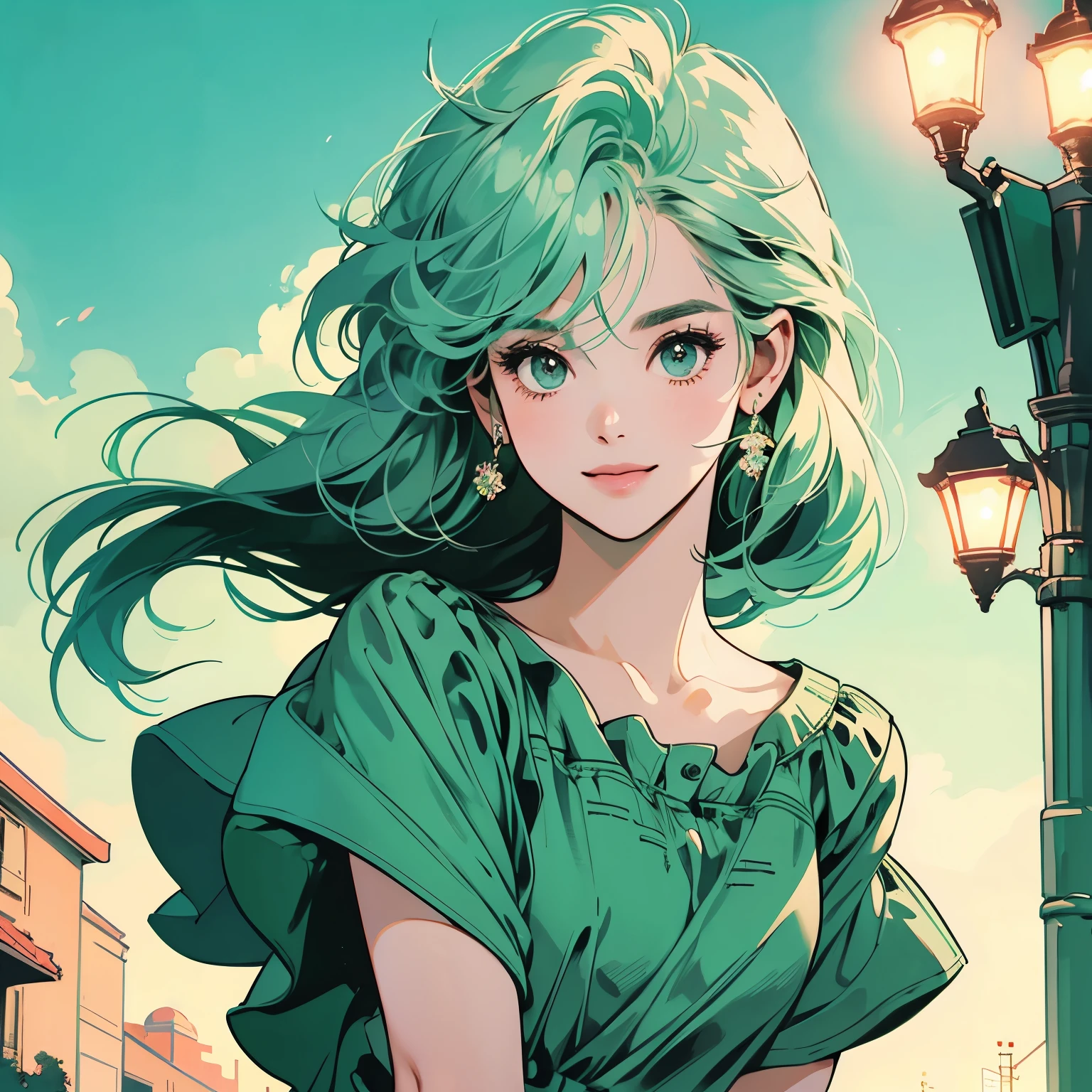 whole body、Kind Face、1 pretty woman、Short sleeve、Street lamp 、Complex background、Pale green hair、Faint lighting、There is movement、smile