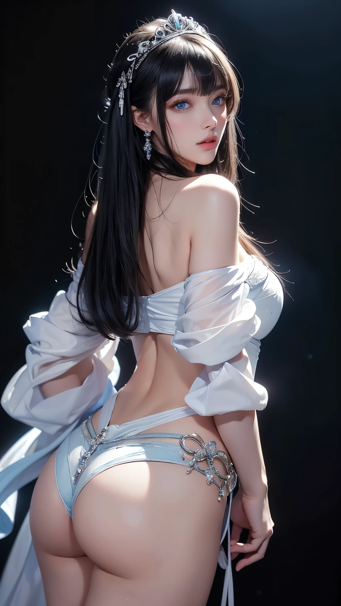 masterpiece, highest quality, Super detailed, Facing the camera, 複雑に詳細なSuper detailed, Realistic, Sharp features, Very detailed, Sharp focus, Perfect Face, Perfect Face, Perfect symmetrical perfect eyes, Perfect Plump Lips, Flexible female form, Cinematic, Film Light, Super detailed, hyper Realistic, masterpiece, Atmospheric, High resolution, Vibrant, Dynamic Studio Lighting, ((Dark Background)), The expression when enduring pleasure, Straight bangs, blue eyes,Cowboy Shot,Sexually aroused expression、A white off-the-shoulder wedding dress with a wide open back and a little bit of her buttocks showing、Her thong shorts are showing through、tiara、Buckshot