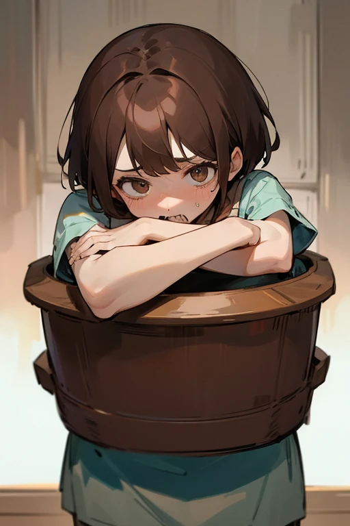 Brown-haired woman with face fixed in urinal, mouth forcibly wide open, face close-up, brown hair, tongue sticking out, freckles on face, drool dripping from mouth, drooling, back of throat visible, eyes closed, tears, masturbator, deep throat, inside urinal