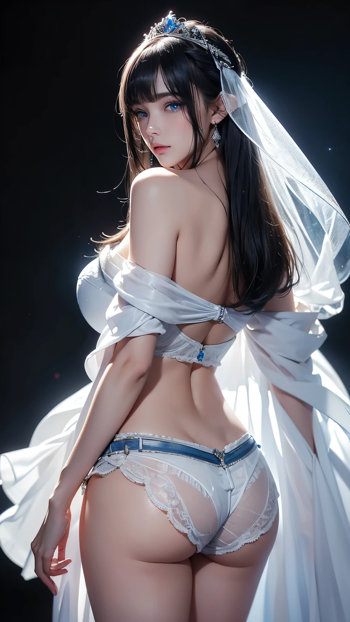 masterpiece, highest quality, Super detailed, Facing the camera, 複雑に詳細なSuper detailed, Realistic, Sharp features, Very detailed, Sharp focus, Perfect Face, Perfect Face, Perfect symmetrical perfect eyes, Perfect Plump Lips, Flexible female form, Cinematic, Film Light, Super detailed, hyper Realistic, masterpiece, Atmospheric, High resolution, Vibrant, Dynamic Studio Lighting, ((Dark Background)), The expression when enduring pleasure, Straight bangs, blue eyes,Cowboy Shot,Sexually aroused expression、A white off-the-shoulder wedding dress with a wide open back and a little bit of her buttocks showing、Her thong shorts are showing through、tiara、Buckshot