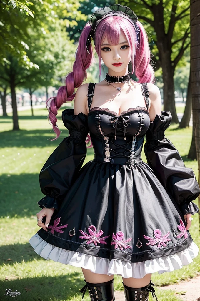 sexy stylish female model, only 1 female, ((doll-like appearance)), long dramatic stylish hair, ((shiny Punk-Style boots)), (big smile), ultra detailed eyes, Punk makeup, lipgloss, ((sexy Punk ta cosplay)), unconventional skirt, petticoats, high neckline, ((ultra detailed lace)), ((ultra detailed embroidery)), intricate details, tartan patterns, safety pins, Punk Loliccessoires, Punk Lolita cr, ((large sparkling Punk Lolita jewel, cinematic light, detailed large park background with trees