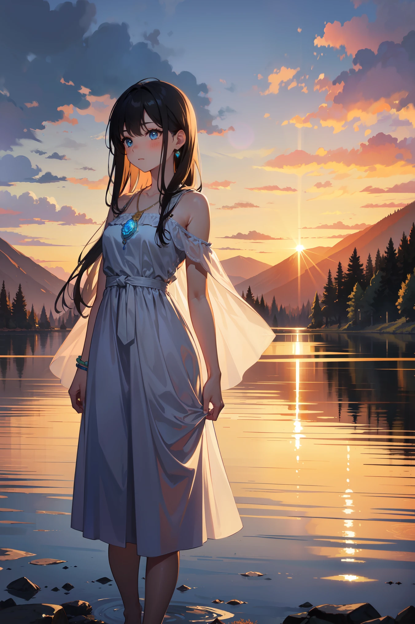 1 girl, Calm expression, Captivating eyes, Straight Long Hair, loose fitting dress, Calm posture, Porcelain-like skin, A faint blush, Crystal Pendant BREAK Golden Hour, (Rim Light):1.2, Warm tones, Solar flare, Soft Shadows, Vibrant colors, Painterly effect, Dream-like atmosphere BREAK Beautiful lake, Distant Mountain々, Willow Tree, Calm water, reflection, Sunlit clouds, Peaceful atmosphere, Beautiful sunset, Super detailed, Official Art, unity 8k wallpaper
, Zentangle, Mandala