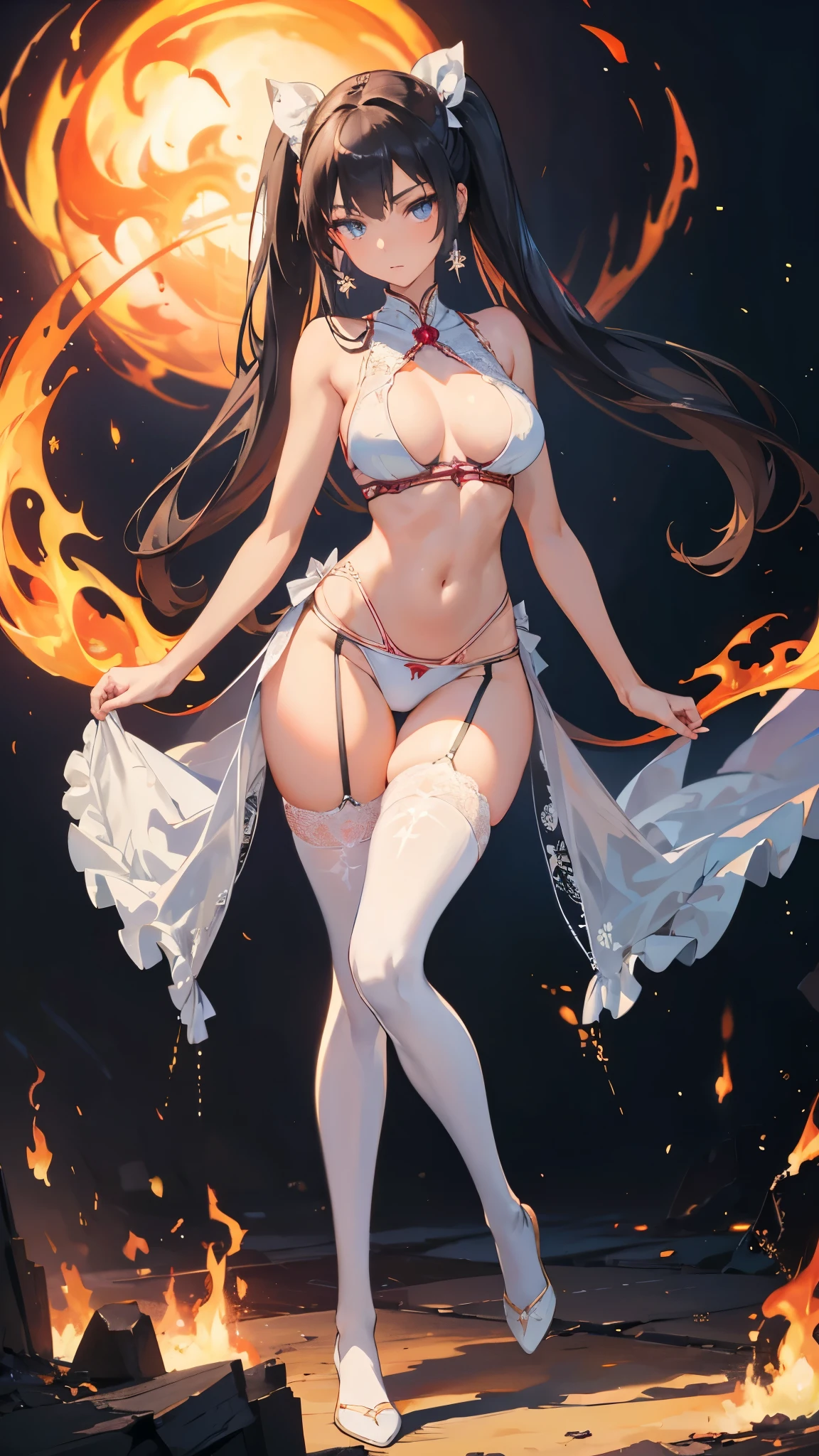 ((masterpiece, best quality)), Delicate face，Magician girl，flame，Full body painting，Perfect body proportions，Long legs，Large Breasts，Long legs，头发是flame，Double ponytail hair，beautiful eyes，Fantasy style，White background，Extremely beautiful，Rose，transparent，Sexy bikini，Lace，Garter stockings，exposed