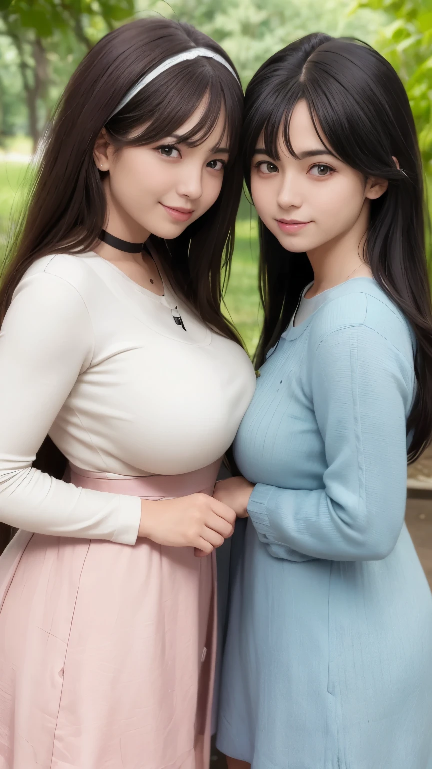(2 chicas de la misma edad:1.2) , enfoque de pareja, chicas japonesas, adorable, el 14, parte superior del cuerpo, Mejilla con mejilla,de pie,high saturation, traje marinero sin mangas,dos colas, (sonrisa), coletero para el cabello, bajo contraste, mejor calidad, ultra high resolution, foto realista, ultra detallado, 8K, foto cruda,(escote:1)