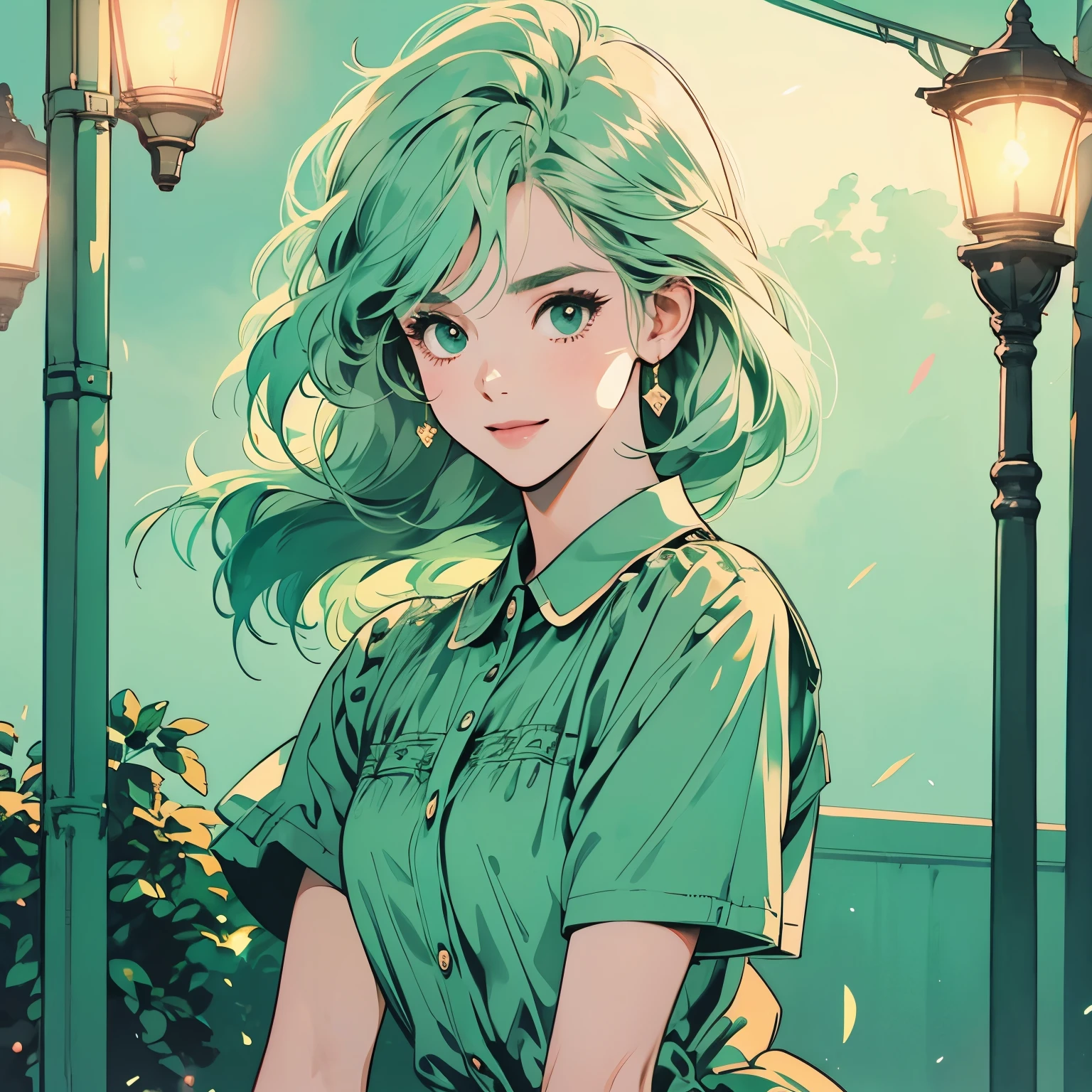 whole body、Kind Face、1 pretty woman、Short sleeve、Street lamp 、Complex background、Pale green hair、Faint lighting、There is movement、smile