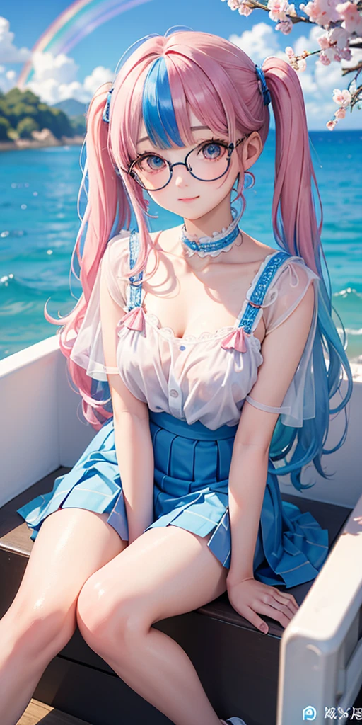 (masterpiece:1.2), (highest quality:1.2),, Curvy but slender body, perfect eyes, perfect face, perfect lighting, 1 girl,(rainbow colored hair, colorful hair, Half blue、half pink hair: 1.2),  cherry blossoms、 Glasses、（cute shirt），（whole bodyが見える），spring、（painted on steel、Transparent sexy clothes、polka dots、lace skirt），curly hair, Clothes with short sleeves, 、In the sea、on the boat、, compensate, eye shadow, small breasts、thick eyelashes, fantasy, looking at the viewer, whole body，alice in wonderland、blue sky、Bright and beautiful face、young shiny glossy white shiny skin、the best beauty、the most beautiful in the world、thin hair、long hair、Shining beautiful bangs、big shining blue eyes、very beautiful and lovely 8 , the most beautiful girl in the world、twin tails、Glasses、a disappointed face、Waiting for a kiss、smile