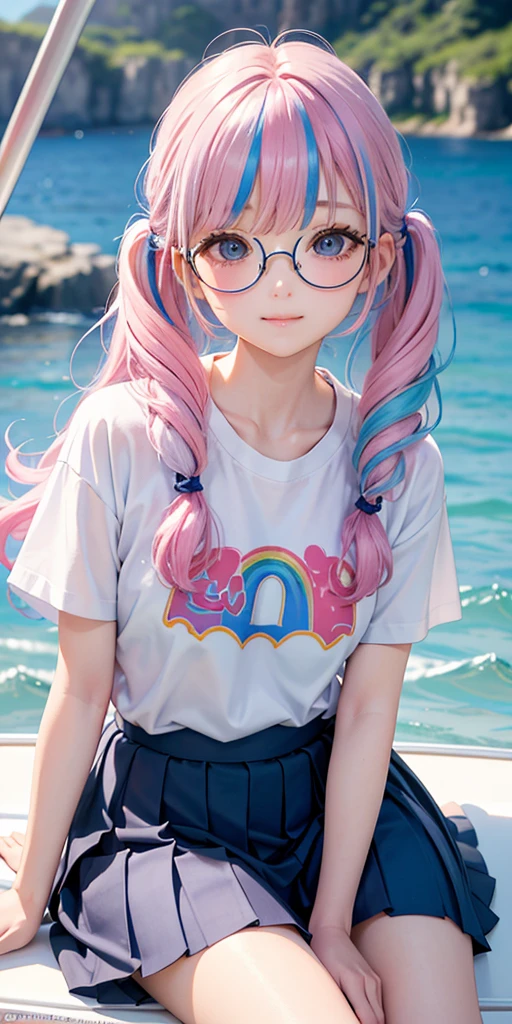 (masterpiece:1.2), (highest quality:1.2),, Curvy but slender body, perfect eyes, perfect face, perfect lighting, 1 girl,(rainbow colored hair, colorful hair, Half blue、half pink hair: 1.2),  cherry blossoms、 Glasses、（cute shirt），（whole bodyが見える），spring、（painted on steel、Transparent sexy clothes、polka dots、lace skirt），curly hair, Clothes with short sleeves, 、In the sea、on the boat、, compensate, eye shadow, small breasts、thick eyelashes, fantasy, looking at the viewer, whole body，alice in wonderland、blue sky、Bright and beautiful face、young shiny glossy white shiny skin、the best beauty、the most beautiful in the world、thin hair、long hair、Shining beautiful bangs、big shining blue eyes、very beautiful and lovely 8 year old, the most beautiful girl in the world、twin tails、Glasses、a disappointed face、Waiting for a kiss、smile