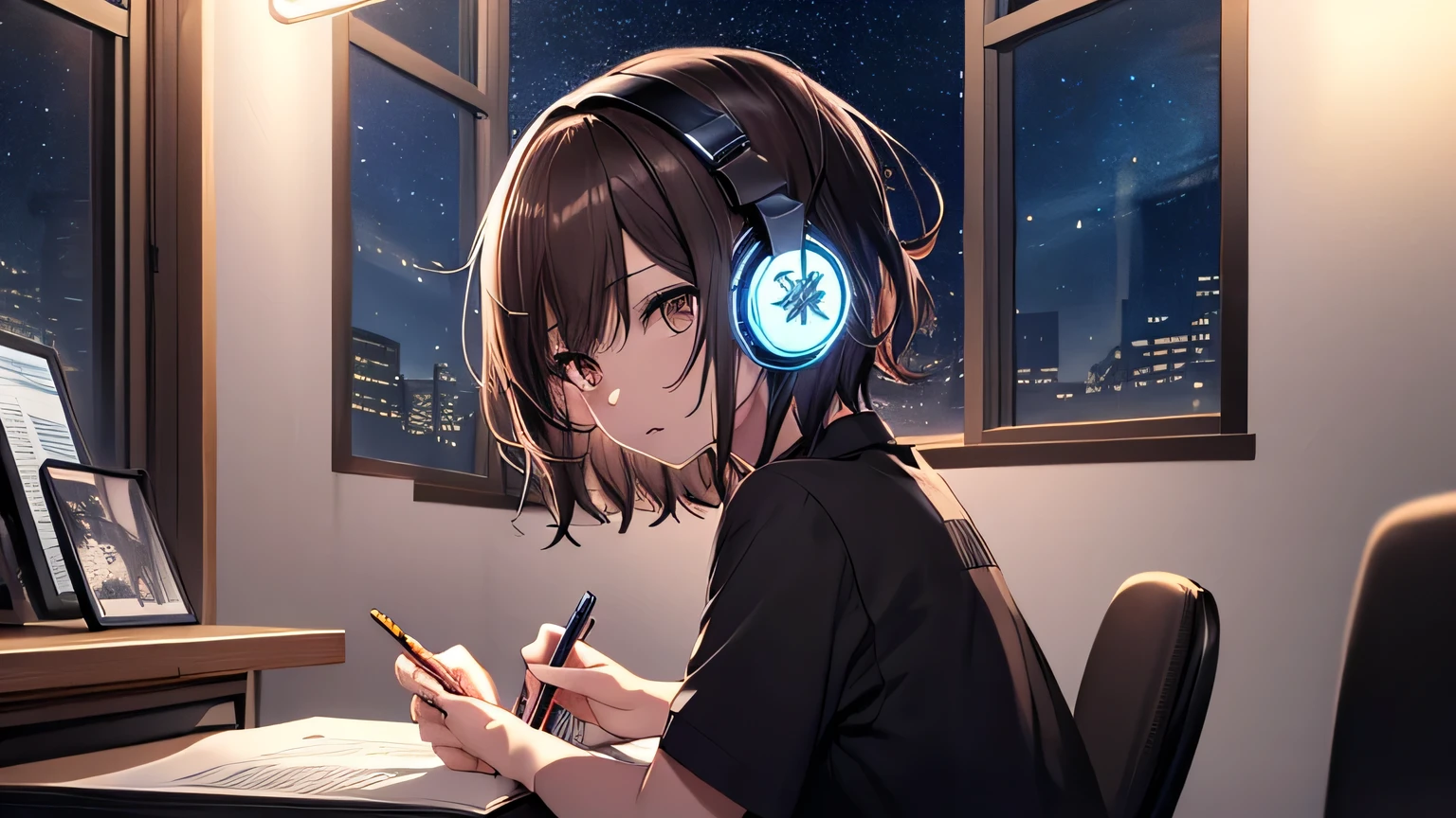 (Highly detailed CG Unity 8k wallpaper), The most beautiful works of art in the world, One girl, Short sleeve,Upper Body,Midnight、A girl studying at a desk with a pencil，Hair color is dark brown，short hair,Over ear headphones，Starry sky in the window