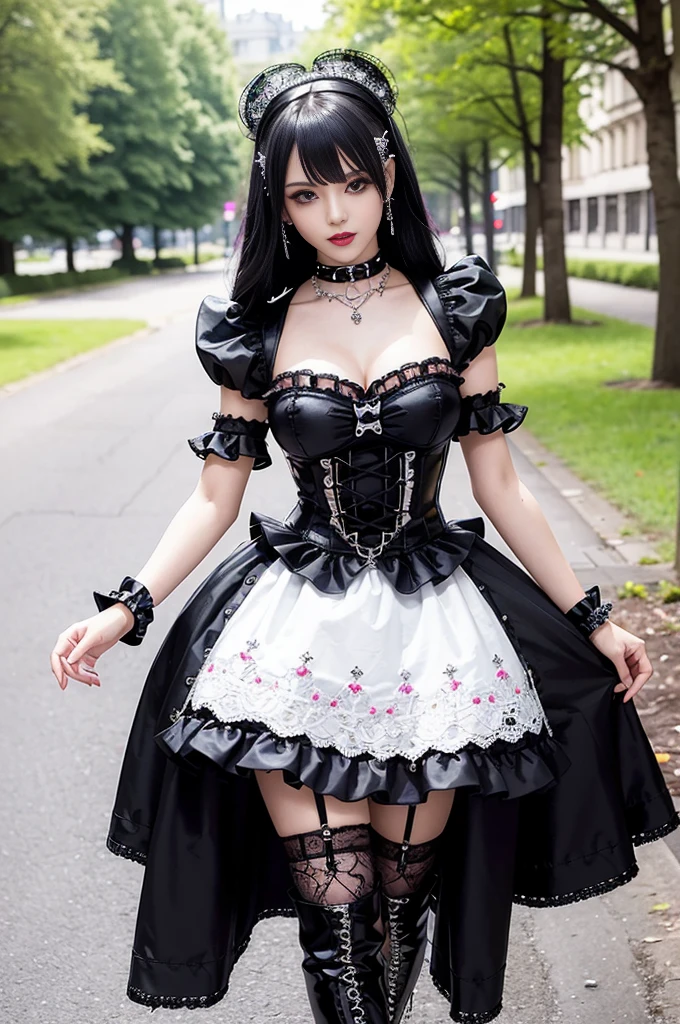 sexy stylish female model, only 1 female, ((doll-like appearance)), long dramatic stylish hair, ((shiny Punk-Style boots)), (big smile), ultra detailed eyes, Punk makeup, lipgloss, ((sexy Punk ta cosplay)), unconventional skirt, petticoats, high neckline, ((ultra detailed lace)), ((ultra detailed embroidery)), intricate details, tartan patterns, safety pins, Punk Loliccessoires, Punk Lolita cr, ((large sparkling Punk Lolita jewel, cinematic light, detailed large park background with trees