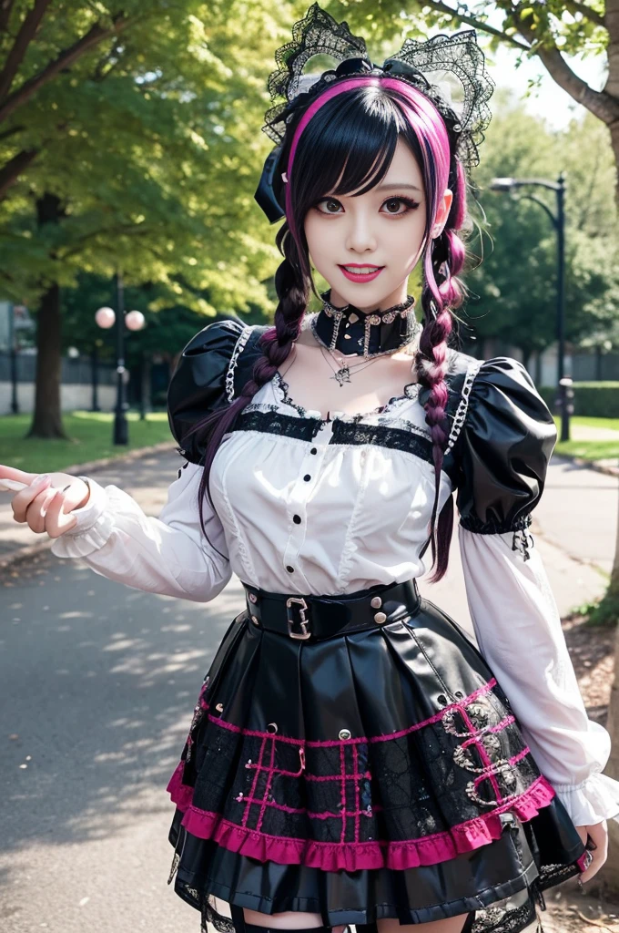 sexy stylish female model, only 1 female, ((doll-like appearance)), long dramatic stylish hair, ((shiny Punk-Style boots)), (big smile), ultra detailed eyes, Punk makeup, lipgloss, ((sexy Punk ta cosplay)), unconventional skirt, petticoats, high neckline, ((ultra detailed lace)), ((ultra detailed embroidery)), intricate details, tartan patterns, safety pins, Punk Loliccessoires, Punk Lolita cr, ((large sparkling Punk Lolita jewel, cinematic light, detailed large park background with trees