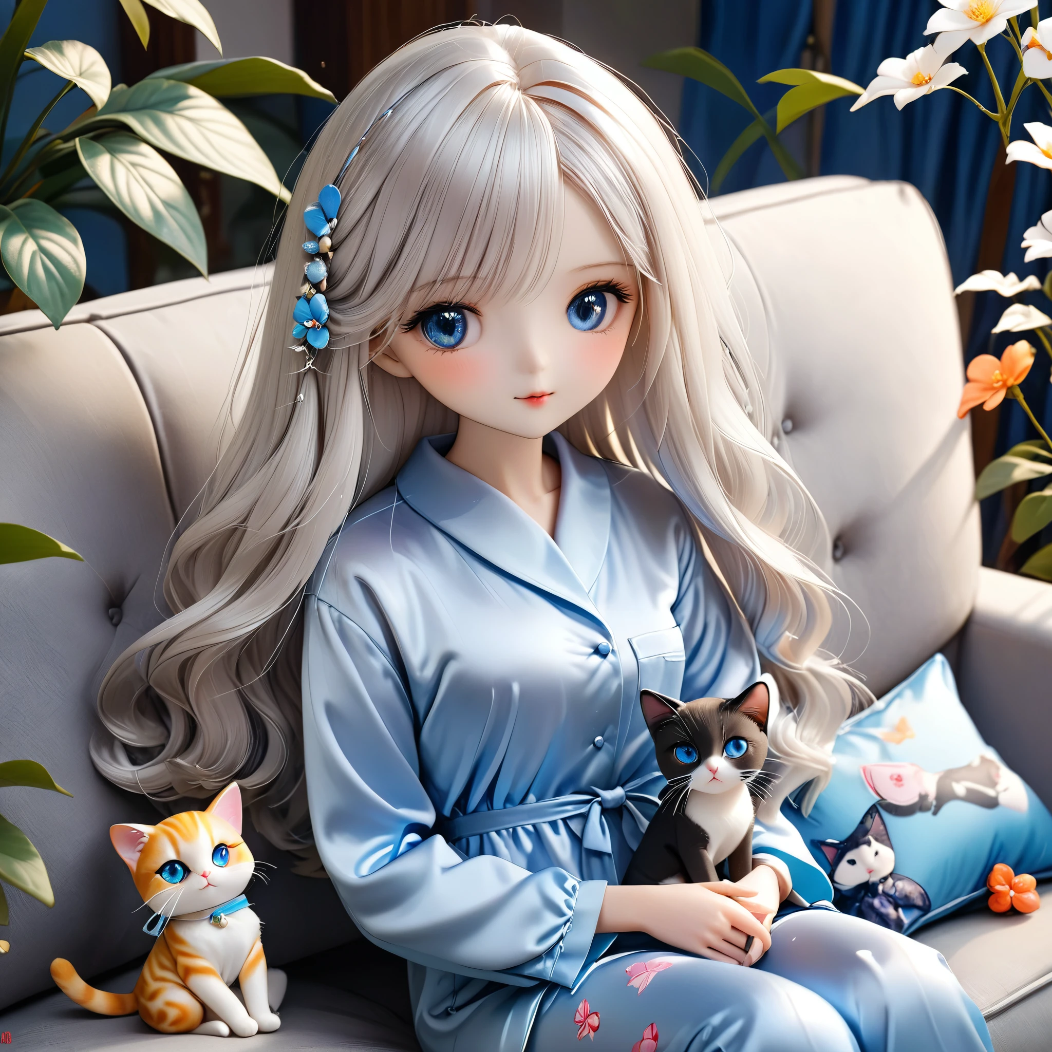 (masterpiece, best quality: 1.2),Barbie doll, ，Exquisite eyes, （（Silk Pajamas）），Sitting on the sofa with a cat（8K）（HD）