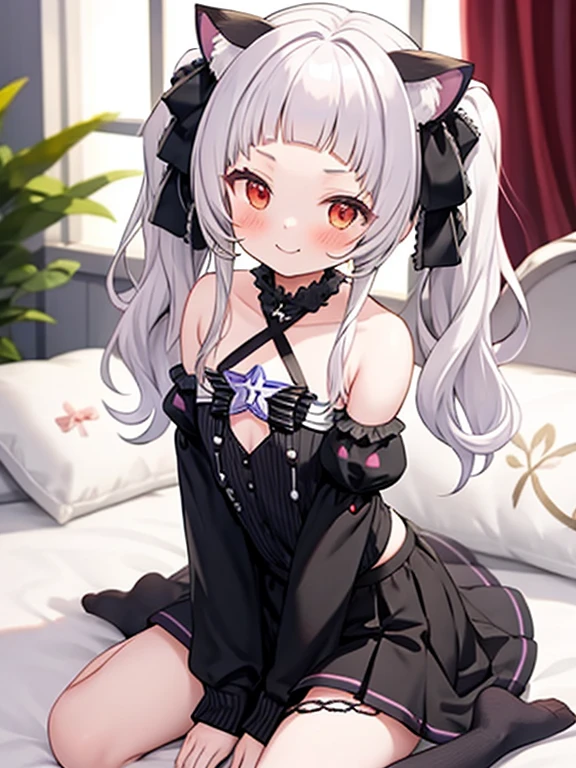 、1girl in、When you look at the viewer、shorth hair、white hair、red eyes、Smile、(Pigtails:1.2)、sitting on、arms between legs、hair adornments、animal ear、Spoken Heart、bed sheet、PILLOWS、window、drapes、bow ribbon、clavicle、Detached sleeves、X Hair Ornament、hair adornments、Show your pants:3、