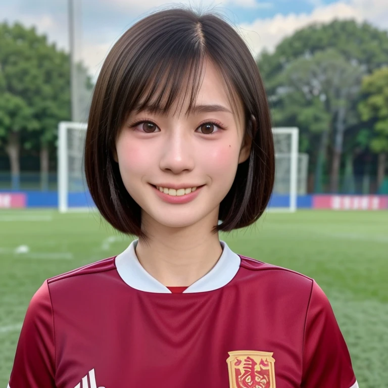 (kawaii 24 year-old Japanese girl, Nogizaka idol, Korean idol, soccer player), healthy female athlete body, (glossy black hair, very short hair, bangs:1.3), beautiful black eyes, rounded face, single eyelid, whitened even teeth, (no makeup:1.2), (big laughing:1.2), (soccer uniform:1.3), extra small breasts, BREAK, (park background, summer daytime:1.2), (dynamic angle, bust shot:1.2), BREAK, (masterpiece, best quality, photo realistic, official art:1.4), (UHD, 8K quality wallpaper, high resolution, raw photo, golden ratio:1.3), (shiny skin), professional lighting, physically based rendering, award winning, (highly detailed skin texture, extremely detailed face and eyes textures), Carl Zeiss 85 mm F/1.4, depth of field, (1girl, solo),