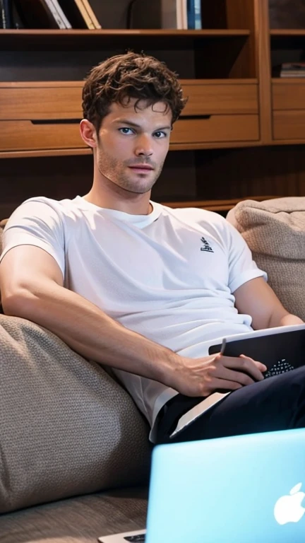 Jamie Dornan watches an adult video on a laptop while sitting on the couch. The concept of porn, masturbation, male needs, pervert, lust, desire, loneliness.