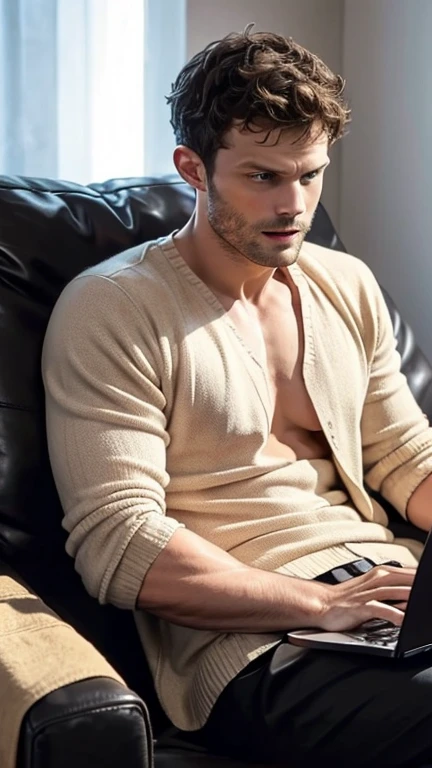 Jamie Dornan watches an adult video on a laptop while sitting on the couch. The concept of porn, masturbation, male needs, pervert, lust, desire, loneliness.