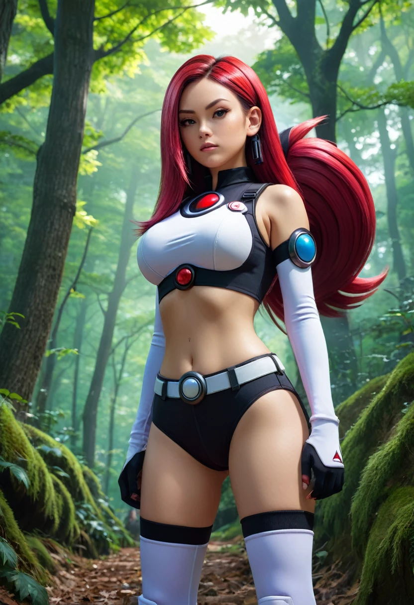 1girl, solo, pokemon, team rocket, team rocket uniform, clothes writing, best quality, masterpiece, highres,Beautiful breast,huge breast,medium long hair,korean face,incredibly absurdres, ultra detailed, high resolution, realistic lighting, photorealism, hyperrealism,masterpiece,vibrant colors,stunning visuals,ultra skin texsture,stable diffusion,perfect anatomy,crazy details,forest background,carrying a pokeball