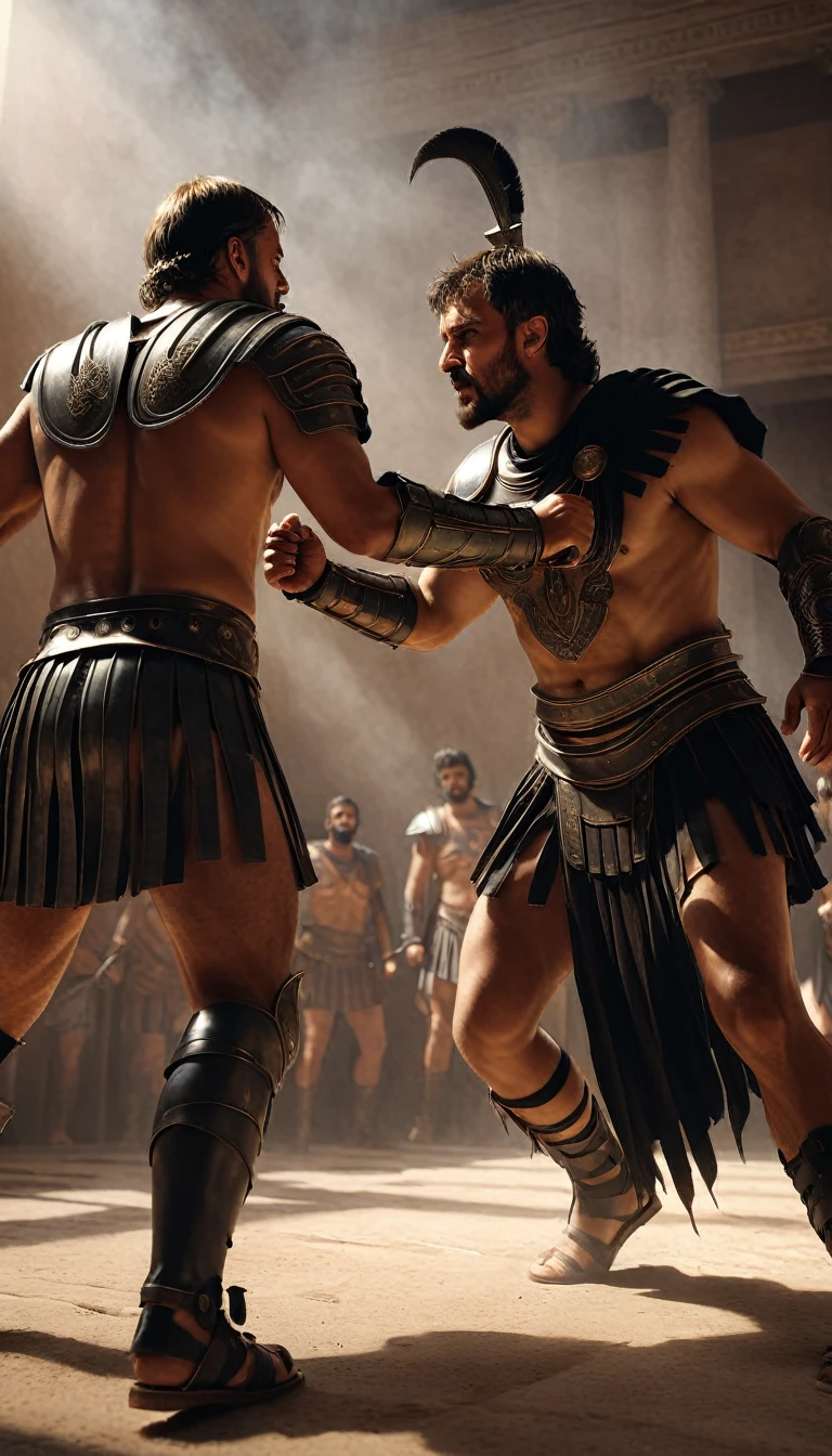 Intense gladiator duel, set in ancient Rome, historical painting, digital UHD (64k) image, cinematic film still dramatic side lighting, hdr,  shallow depth of field, vignette, highly detailed, high budget Hollywood film, cinemascope, moody, epic, gorgeous
, Highly detailed and clean, Photorealistic and cinematic masterpiece, professional photography, realistic, realism, 200k , Raytracing and light effect, digital, perfect composition, beautiful detailed intricate insanely detailed octane render trending on artstation, 8 k artistic photography, photorealistic concept art, soft natural volumetric cinematic perfect light, the morning mist shone on their bodies, award - winning photograph, masterpiece, raphael, caravaggio, greg rutkowski, beeple, beksinski, giger