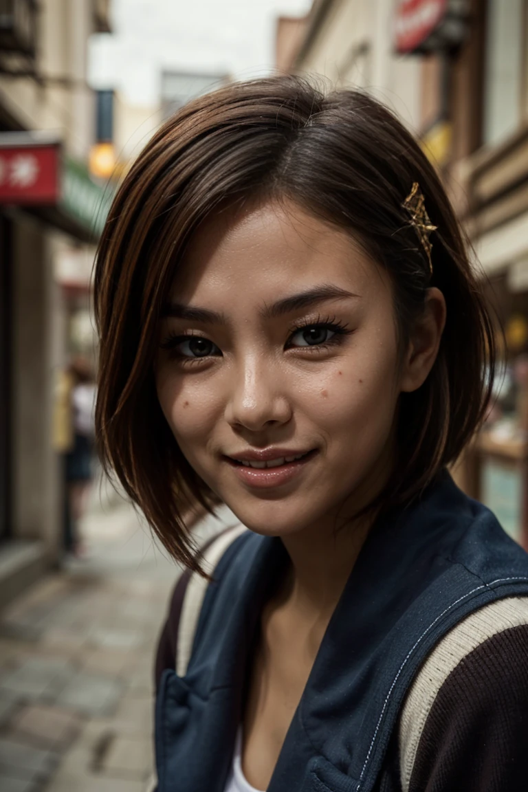 (1 lady), (Best quality at best:1.4), (ultra - detailed), (extremely detailed CG unified 16k), A Beautiful Woman with Perfect Figure: 1.4, Sharp Focus: 1.2, very detailed, High-definition RAW color photo, professional photoshooting, amazing face and eyes, cosmetics, (amazingly beautiful girl), ((kyoani haruhi style)), ((kita high scho0l uniform, sailor collar, sch0ol uniform, blue sailor collar, serafuku, cardigan, armband, ribbon, hairband)), standing, fashion posture,(Stylish urban landscape, day light), (look from down), realistic cinematic face, head to feet long wide zoomed out view, full body long view, photorealistic, ((realistic natural chocolate brown hair style, brown honey eyes, short hair, laughing, shy laughter)), gorgeous, extremely beautiful face, perfect model beauty, pout mouth, Highly Detailed Face and Skin Texture, Detailed Eyes, Double Eyelids, Medium Natural Breasts, Smile, cleavages, western, (masterpiece), best quality, high resolution, extremely detailed, detailed background, depth of field, cinematic lighting, amazing legs, clear and well-cared skin, (size head correlative with body size),