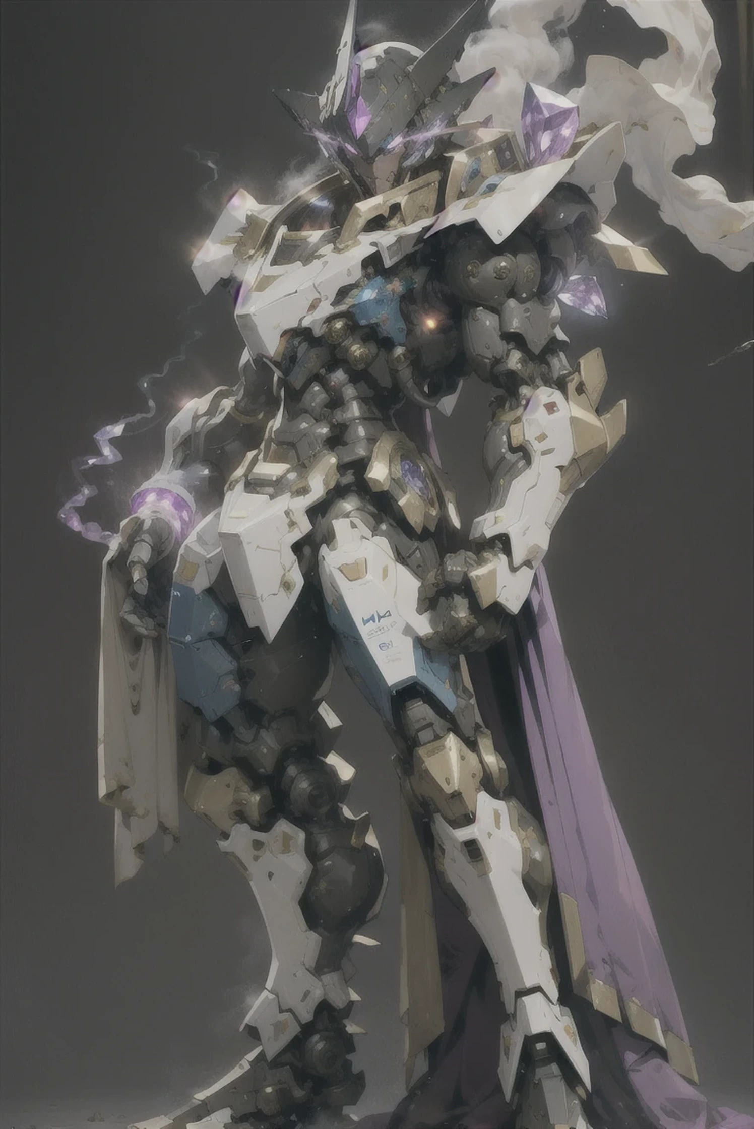 Masterpiece, best quality, Mecha, no human, Black Armor, stone eyes, science fiction, stone, Use Katana stone, war, conflict, destroyed city and destroyed Robot background, Mecha stone Statue, made of stone, Full body, The Mecha damaged, The left arm was severely damaged, Smoke floats from the mannequin, smoke,crystal, Crystals filled the body, The left arm is crystal, purple crystal, shining crystal, The crystal shone with a bluish-purple glow, 