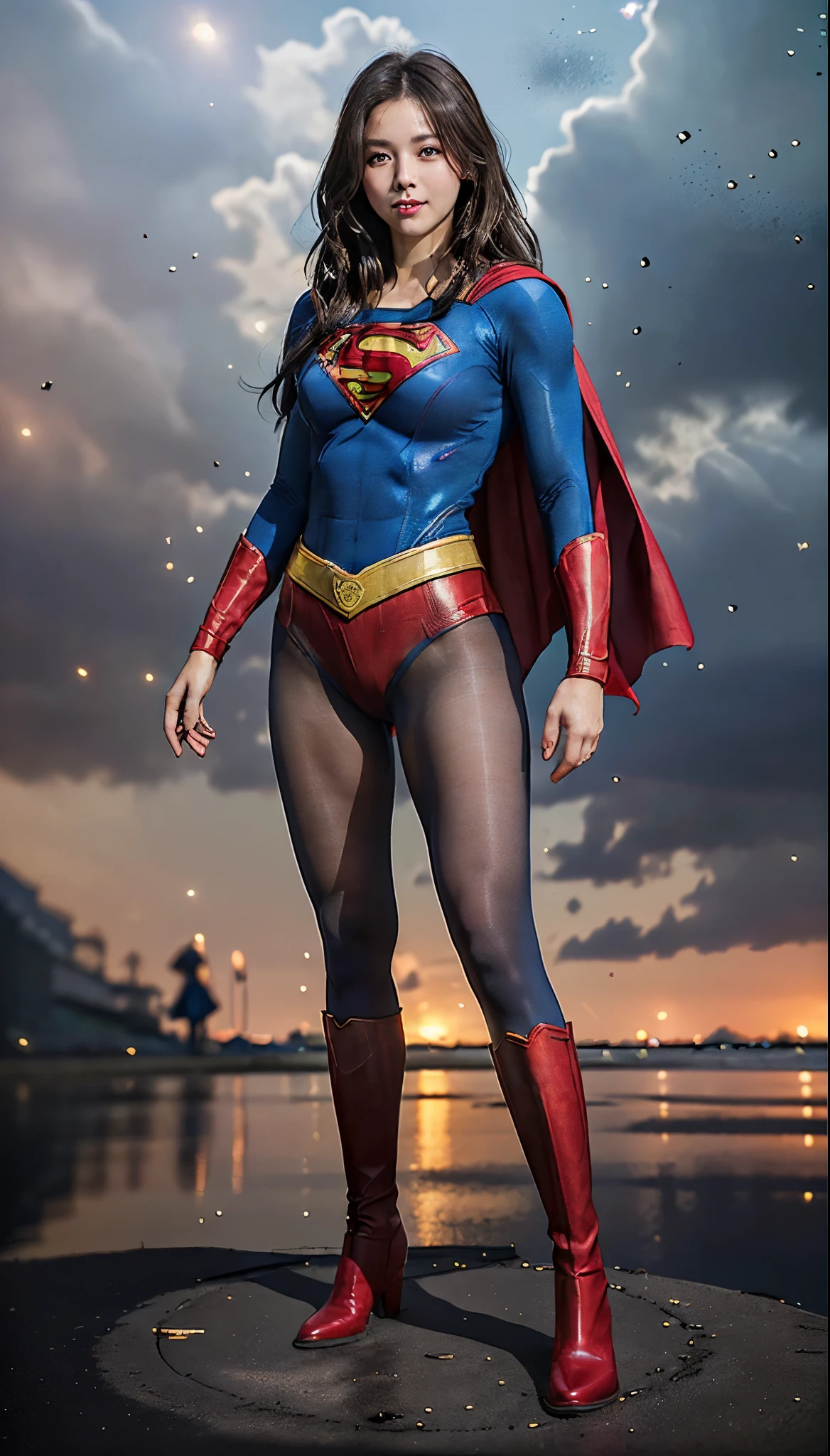 No background、(((Beautiful legs in black tights.)))、(((Legally express the beauty of your smile)))、((((Make the most of your original images)))、(((体にぴったりフィットするSupergirl Costume)))、(((Supergirl Costume)))、(((Beautiful hairstyle)))、(((She is winking cutely.)))、(((Please wear black tights....、Wear red boots)))、((Best image quality、8k))、((highest quality、8k、masterpiece:1.3))、(((Preserve background )))、Sharp focus:1.2、Beautiful woman with perfect figure:1.4、Slim Abs:1.2、Wet body:1.5、Highly detailed face and skin texture、8k