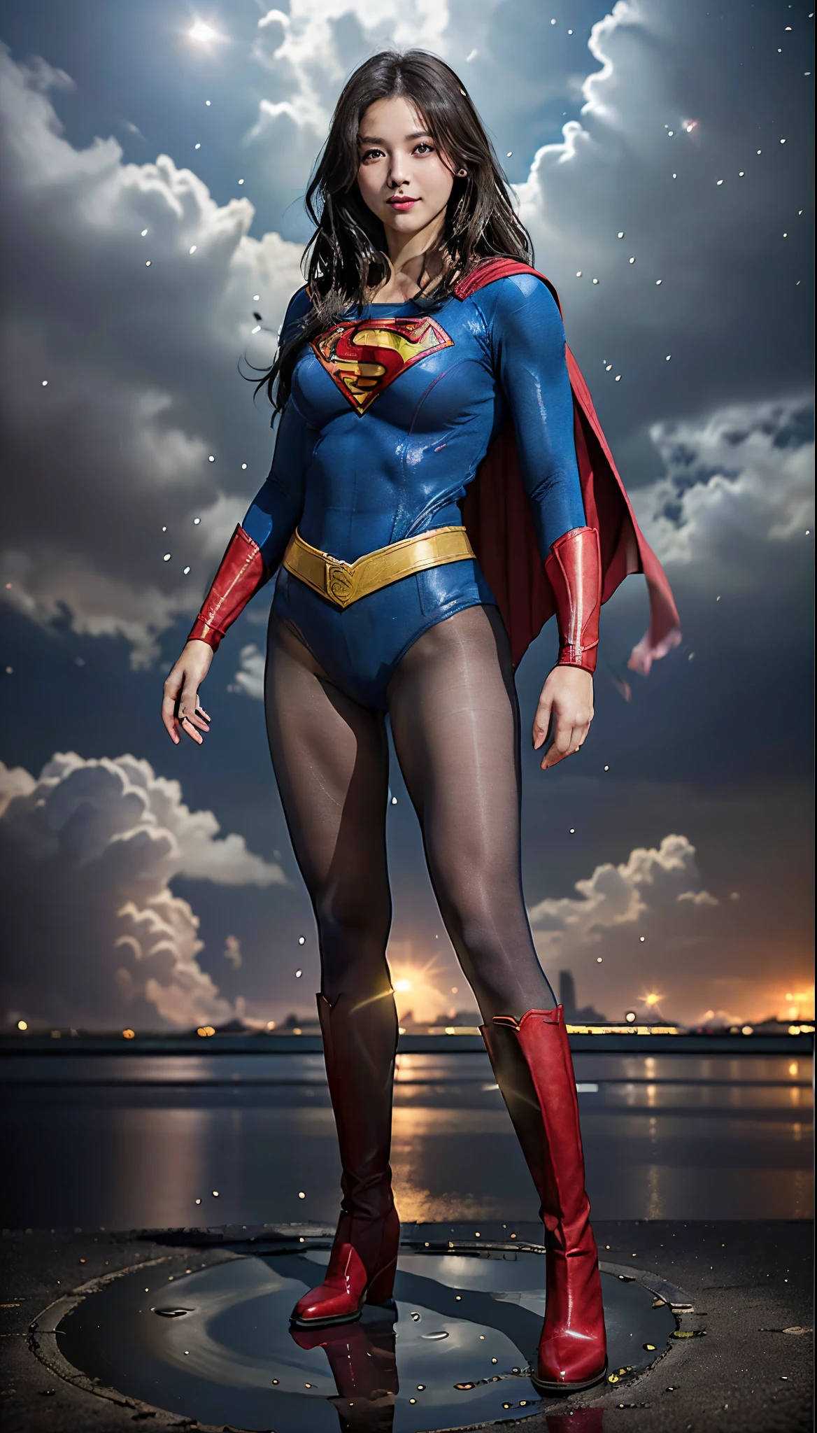 No background、(((Beautiful legs in black tights.)))、(((Legally express the beauty of your smile)))、((((Make the most of your original images)))、(((体にぴったりフィットするSupergirl Costume)))、(((Supergirl Costume)))、(((Beautiful hairstyle)))、(((She is winking cutely.)))、(((Please wear black tights....、Wear red boots)))、((Best image quality、8k))、((highest quality、8k、masterpiece:1.3))、(((Preserve background )))、Sharp focus:1.2、Beautiful woman with perfect figure:1.4、Slim Abs:1.2、Wet body:1.5、Highly detailed face and skin texture、8k