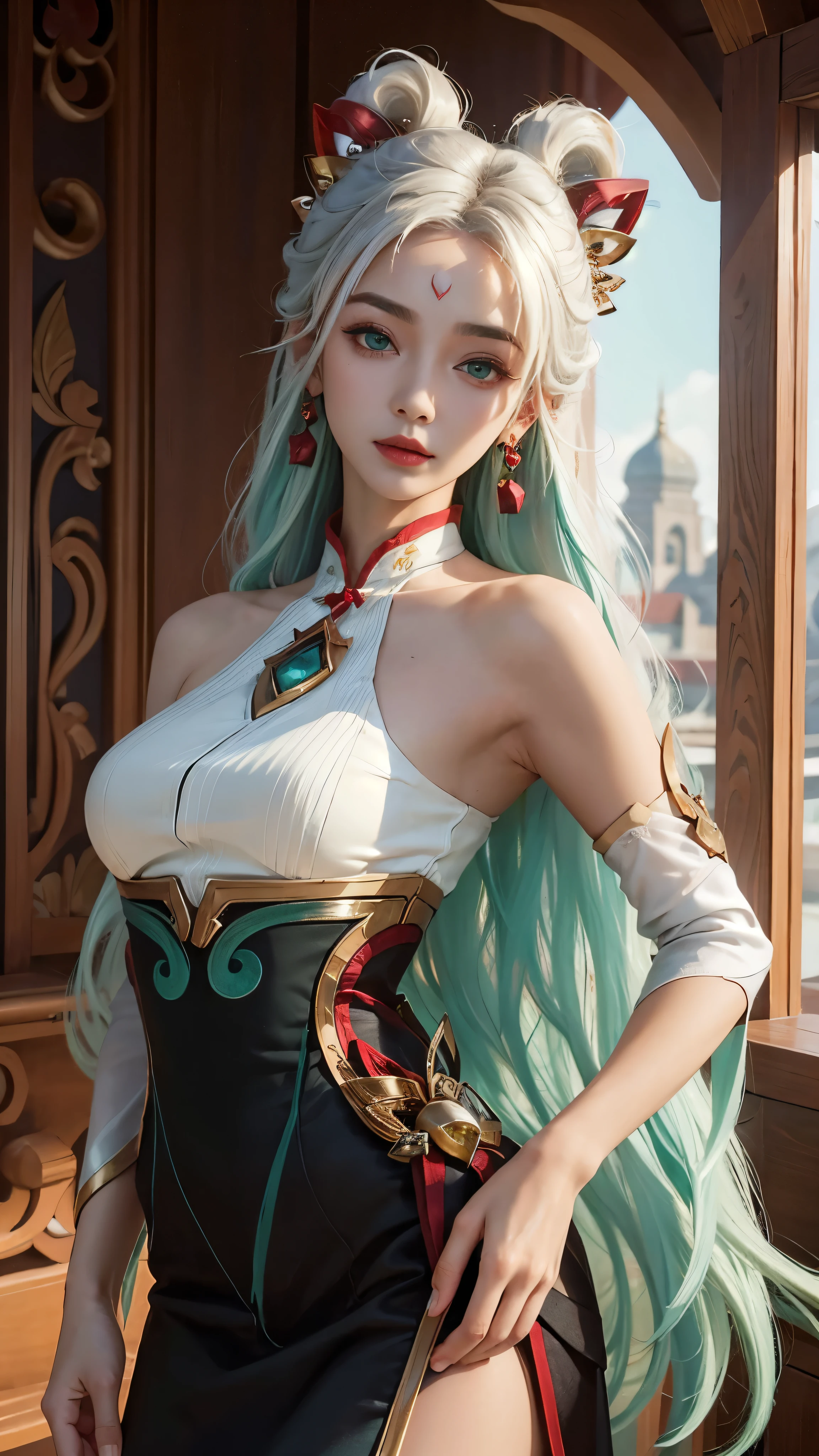 (masterpiece, best quality:1.2), intricate details, mythmaker irelia, 1girl, hair ornament, hair rings, bare shoulders, dress, detached sleeves, forehead mark, multicolored hair, white hair, earrings, green eyes, textured skin, looking at viewer, solo, light smile, (mature female:1.2)