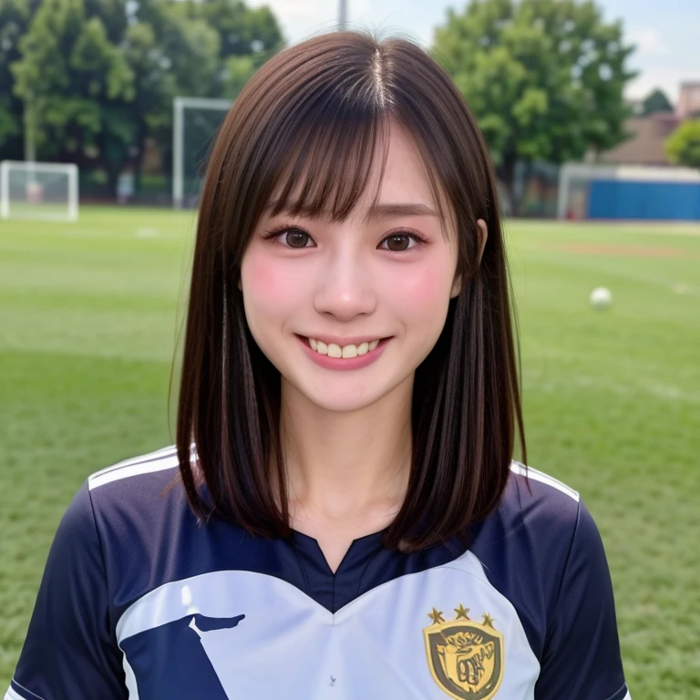 (kawaii 24 year-old Japanese girl, Nogizaka idol, Korean idol, soccer player), healthy female athlete body, (glossy black hair, very short hair, bangs:1.3), beautiful black eyes, rounded face, single eyelid, whitened even teeth, (no makeup:1.2), (big laughing:1.2), (soccer uniform:1.3), extra small breasts, BREAK, (park background, summer daytime:1.2), (dynamic angle, bust shot:1.2), BREAK, (masterpiece, best quality, photo realistic, official art:1.4), (UHD, 8K quality wallpaper, high resolution, raw photo, golden ratio:1.3), (shiny skin), professional lighting, physically based rendering, award winning, (highly detailed skin texture, extremely detailed face and eyes textures), Carl Zeiss 85 mm F/1.4, depth of field, (1girl, solo),