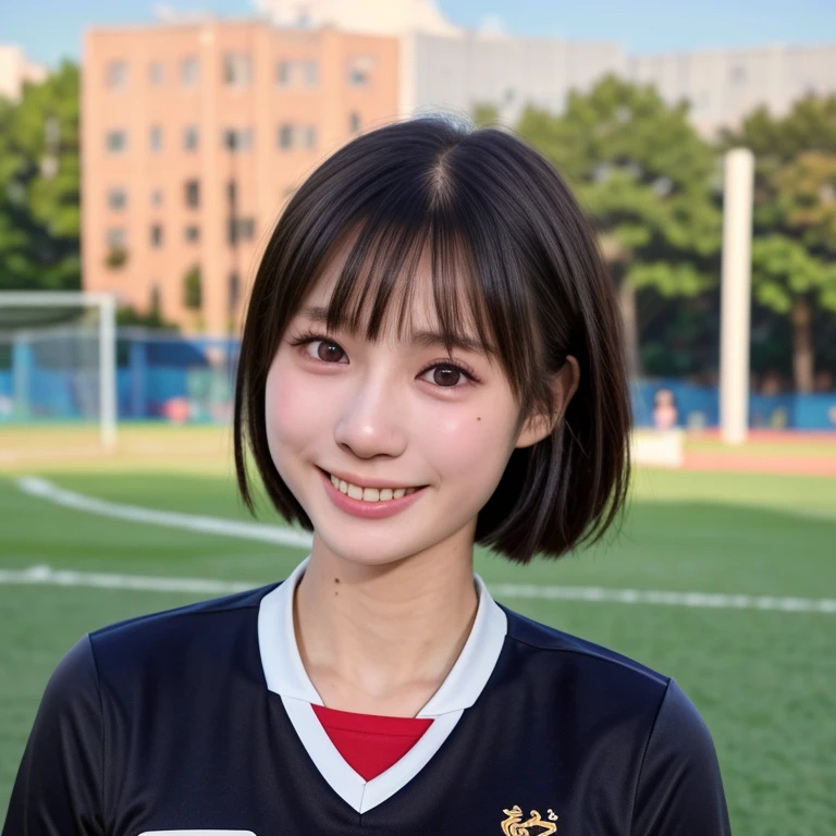 (kawaii 24 year-old Japanese girl, Nogizaka idol, Korean idol, soccer player), healthy female athlete body, (glossy black hair, very short hair, bangs:1.3), beautiful black eyes, rounded face, single eyelid, whitened even teeth, (no makeup:1.2), (big laughing:1.2), (soccer uniform:1.3), extra small breasts, BREAK, (park background, summer daytime:1.2), (dynamic angle, bust shot:1.2), BREAK, (masterpiece, best quality, photo realistic, official art:1.4), (UHD, 8K quality wallpaper, high resolution, raw photo, golden ratio:1.3), (shiny skin), professional lighting, physically based rendering, award winning, (highly detailed skin texture, extremely detailed face and eyes textures), Carl Zeiss 85 mm F/1.4, depth of field, (1girl, solo),