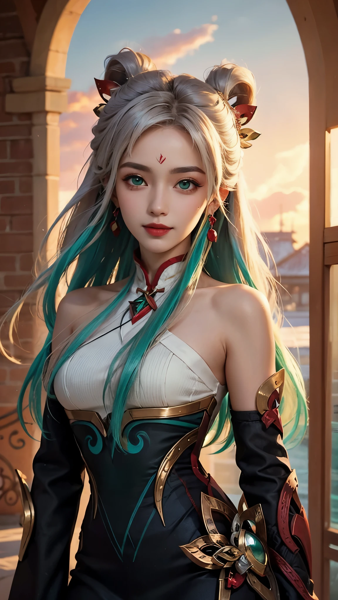 (masterpiece, best quality:1.2), intricate details, mythmaker irelia, 1girl, hair ornament, hair rings, bare shoulders, dress, detached sleeves, forehead mark, multicolored hair, white hair, earrings, green eyes, textured skin, looking at viewer, solo, light smile, (mature female:1.2),public
