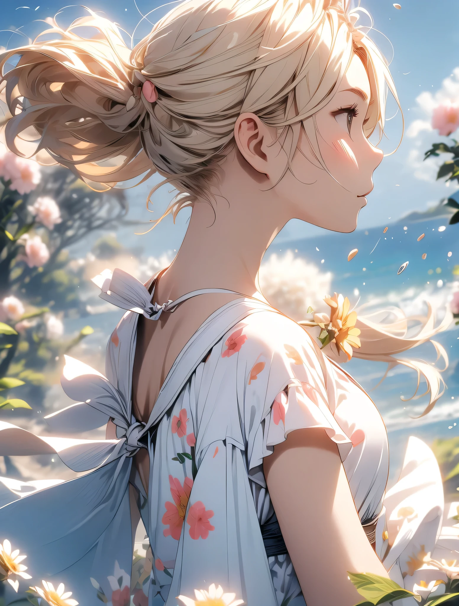 wonderful、smooth blonde hair、Hair blowing in the wind、close your eyes、profile、universe、flower