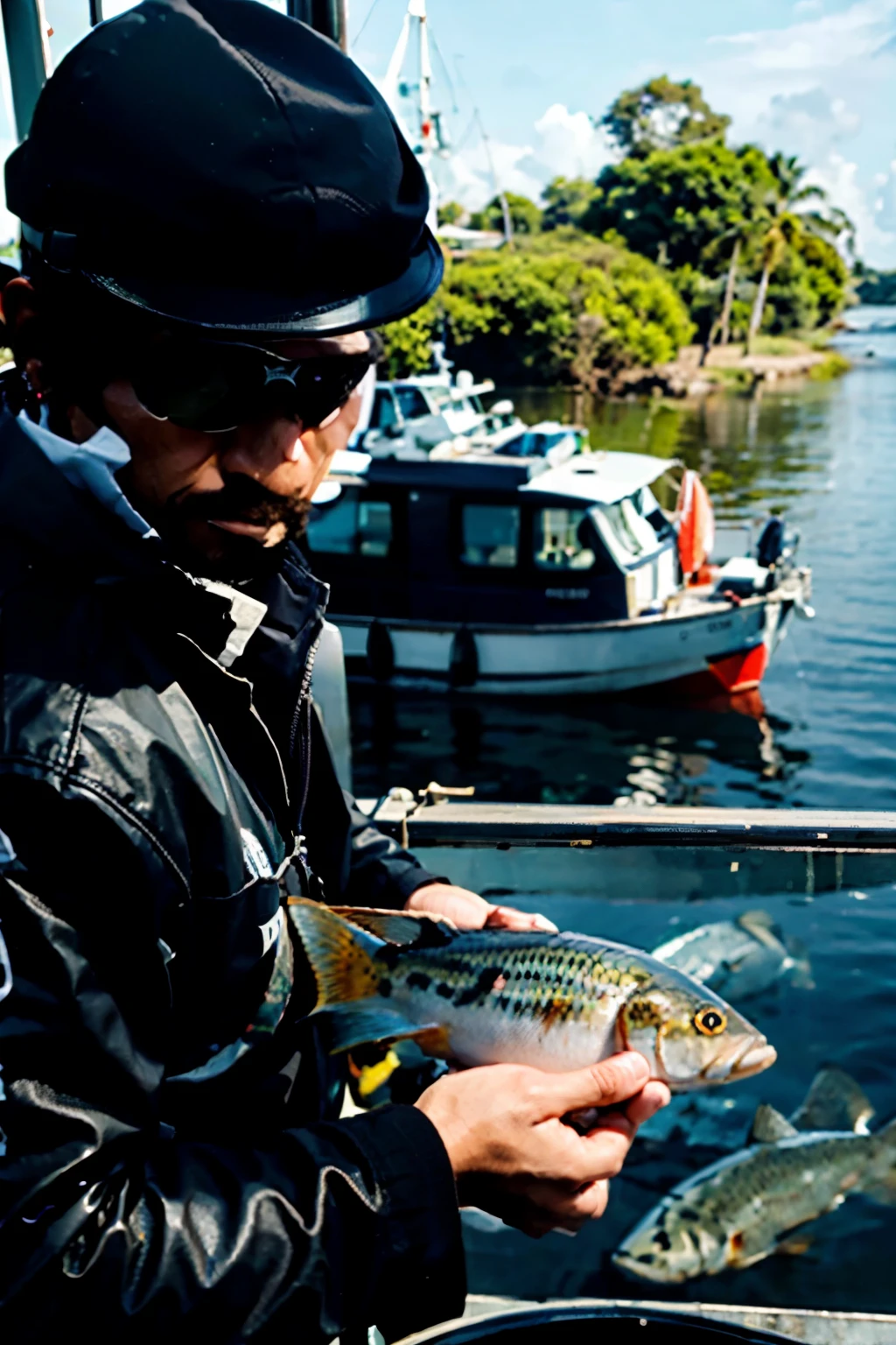 Crea flyer informativo con el texto, as a setting the Amazon River, with a uniformed man with a vest, DIREPRO (logo)

_CONTROL AND SURVEILLANCE OF FISHING AND AQUACULTURE ACTIVITY_

🕵🏻‍♂️ *646 ACCIONES DE CONTROL Y VIGILANCIA*
📝 *Inspecciones* : 
✅ Acuarios comerciales 
✅  Embarcaciones de carga y pasajeros 
✅  Embarques de peces (national destination and export)