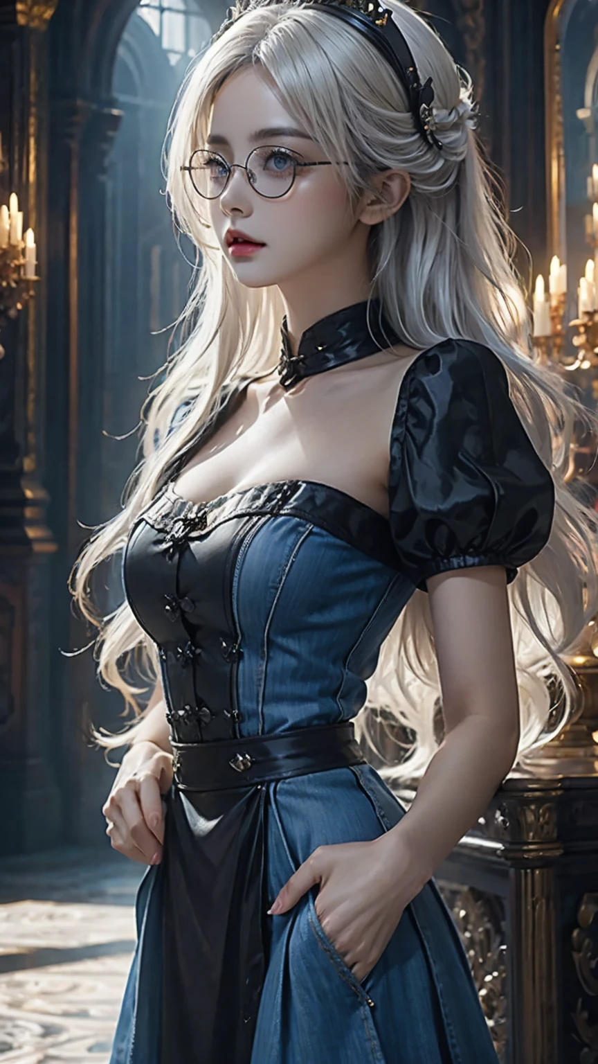 (in the darkness: 1.6),Surrealist female portrait, fantasy art, photorealism, dynamic lighting, art station, poster, Volumetric lighting, Very detailed faces, 4K, won,, 1 girl, in the darkness, deep shadow, low profile, Denim lens set: 1.4), long hair, white hair, broken into pieces, luxurious palace, royal style, (wear glasses),(hair accessories), (nsfw), (naked:1.5)