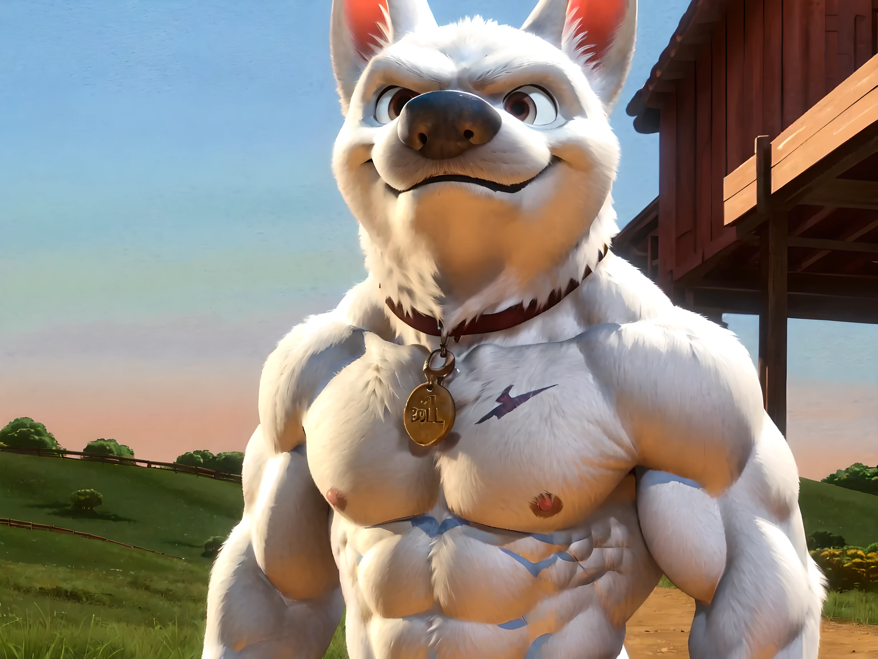 bolt the dog, adult, masculine, male, anthro, very muscular:1.5, muscles:1.5, (pectorals, strong chest, muscular chest):1.5, abs, muscular shoulders, strong body, muscular neck, wide chest, negger style, wfa style, countryside background, watercolors background, cel shaded, cartoony colors, correct lighting, correct shadows, detailed eyes, high quality, high resolution, detailed, collar, angry eyes, smile, posing