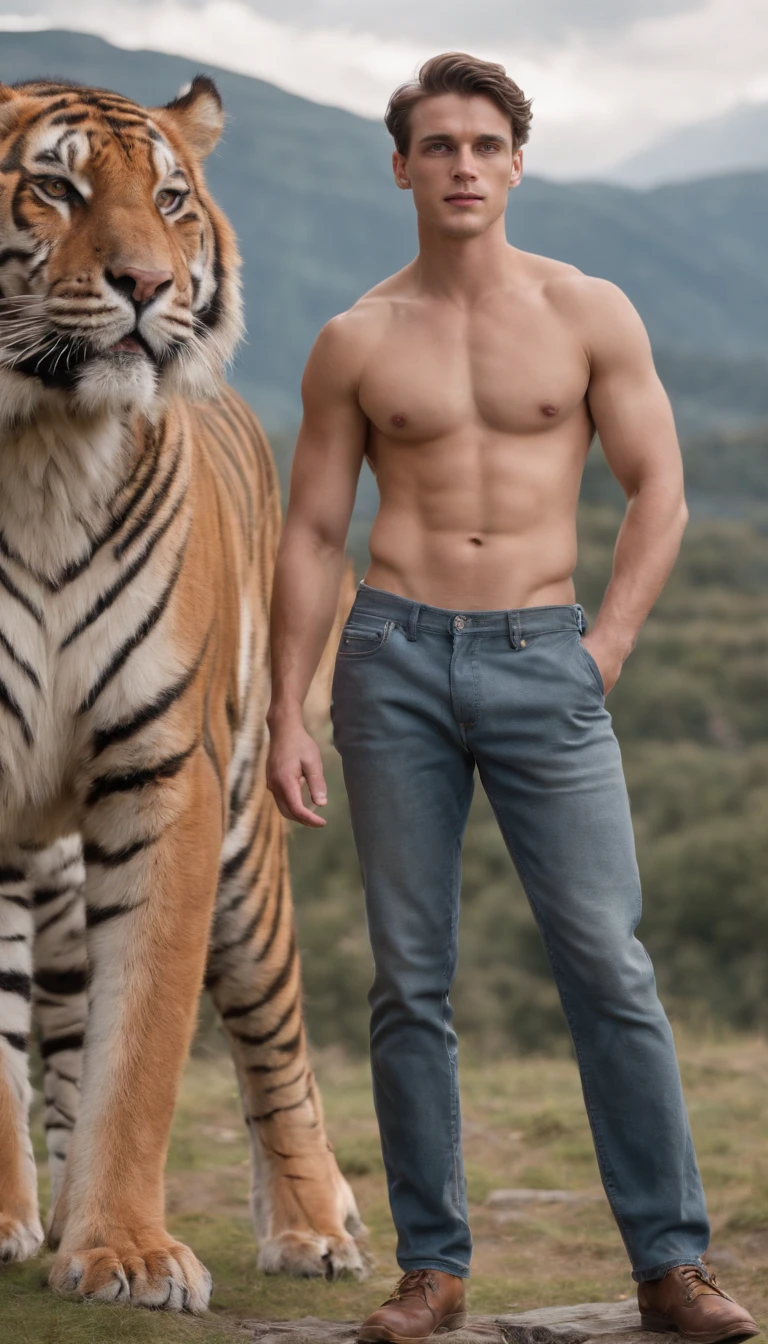 A handsome, burly young man from England without clothes, only wearing trousers, jeans, stands with a large tiger while looking at the camera with a mountainous background.