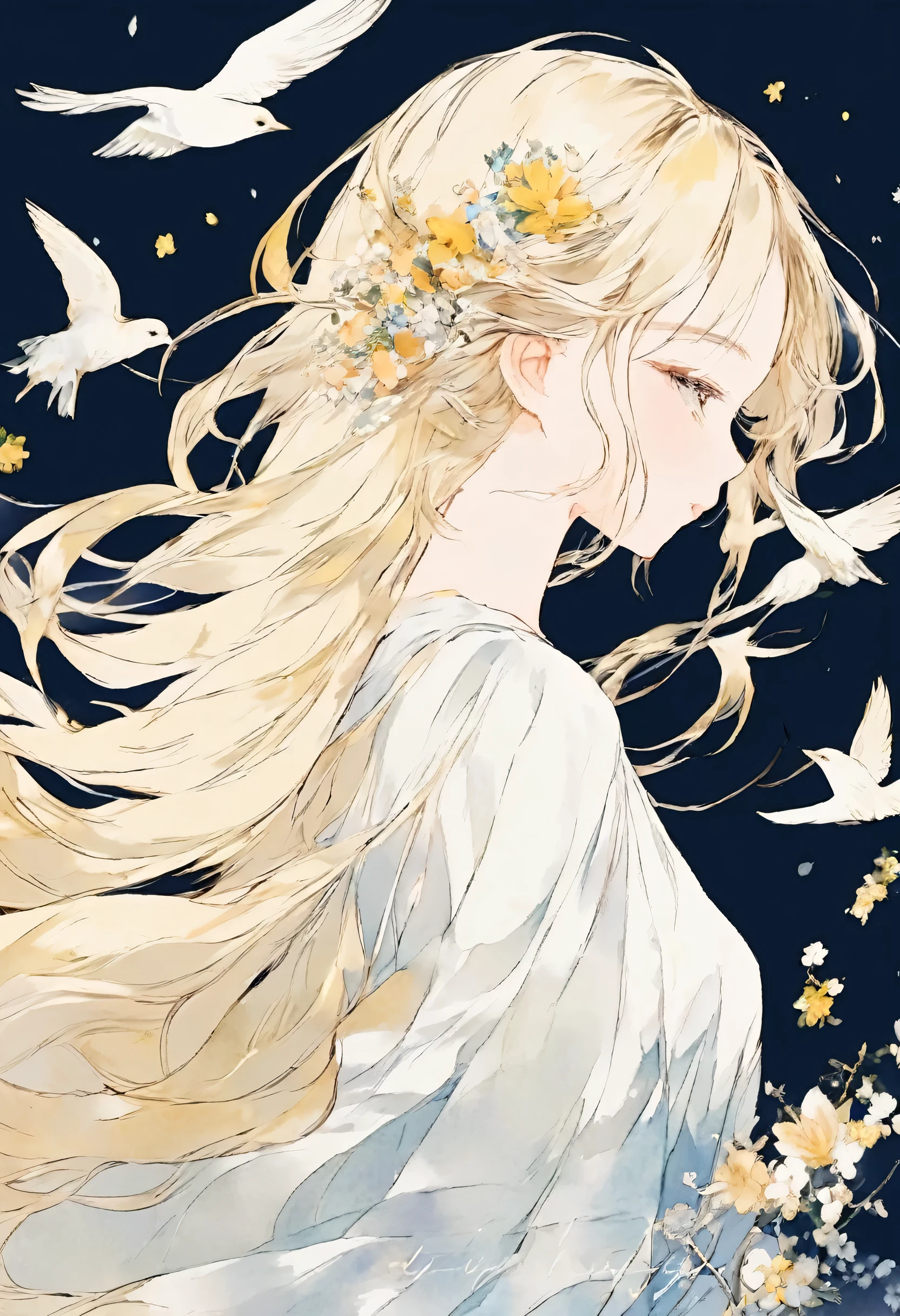 wonderful、smooth blonde hair、Hair blowing in the wind、close your eyes、profile、universe、flower