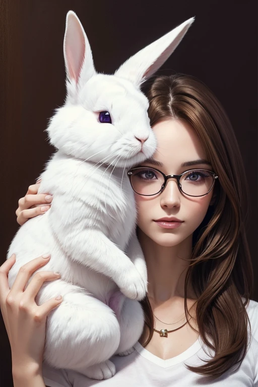 Portrait painting of a white rabbit with its brown-haired owner, color de piel blanca, con lentes color morado y ojos cafe claro