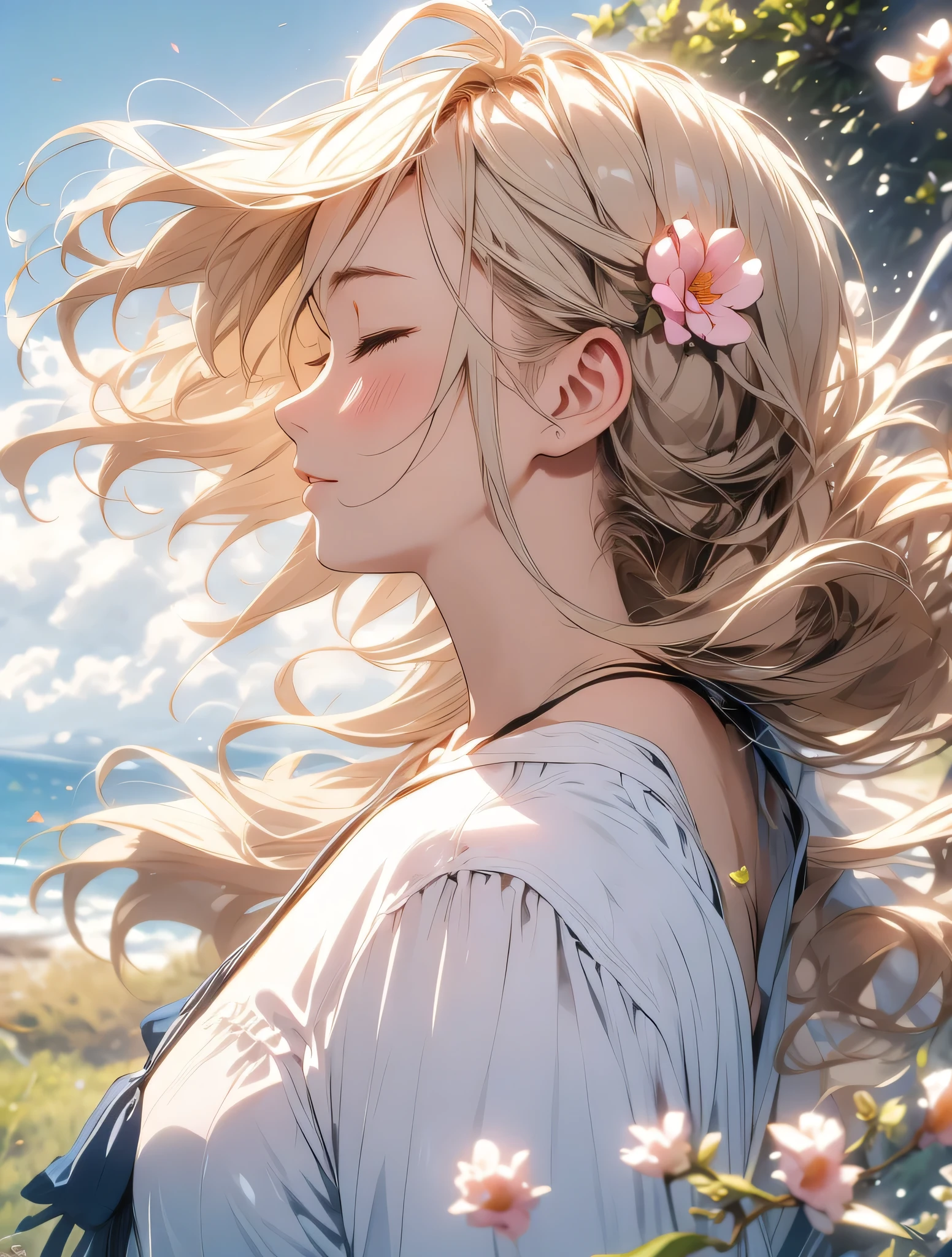 wonderful、smooth blonde hair、Hair blowing in the wind、close your eyes、profile、universe、flower