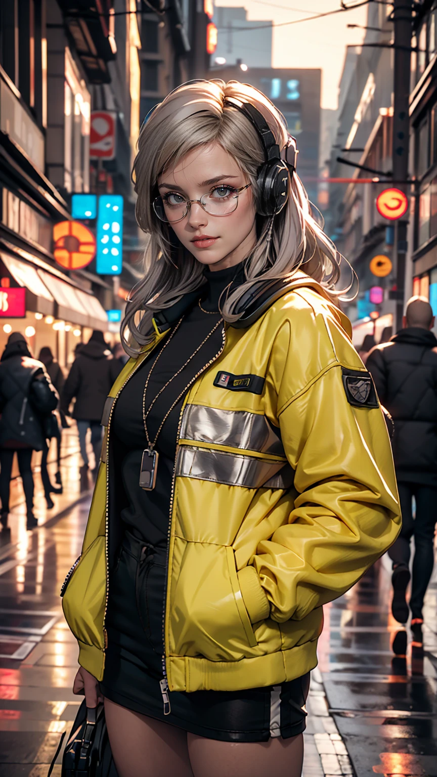 One girl, Gray Hair, Long Hair, Techwear masterpiece, highest quality, Realistic, realism, Dark purple jacket, Portraiture, Fine grain, Wearing the headset, Platinum Hair, 21 year old girl, Fashion pose, Half Body, Wide shot, on the road, cyber punk