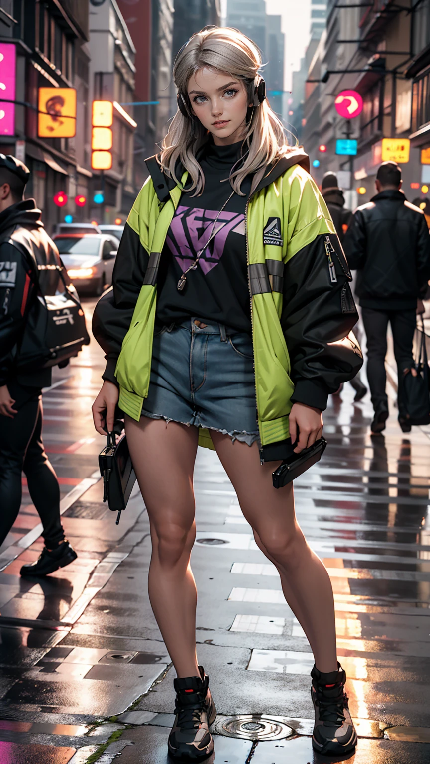 One girl, Gray Hair, Long Hair, Techwear masterpiece, highest quality, Realistic, realism, Dark purple jacket, Portraiture, Fine grain, Wearing the headset, Platinum Hair, 21 year old girl, Fashion pose, Half Body, Wide shot, on the road, cyber punk