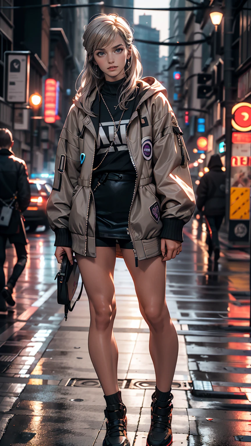 One girl, Gray Hair, Long Hair, Techwear masterpiece, highest quality, Realistic, realism, Dark purple jacket, Portraiture, Fine grain, Wearing the headset, Platinum Hair, 21 year old girl, Fashion pose, Half Body, Wide shot, on the road, cyber punk